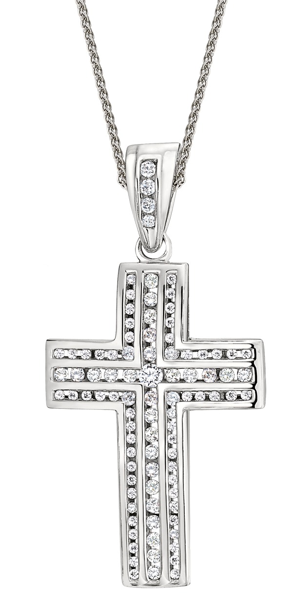 Shefian™ 14K White Gold Pendant Men's 3 Rows Channel Set Cross Diamond 15.70 Ctw