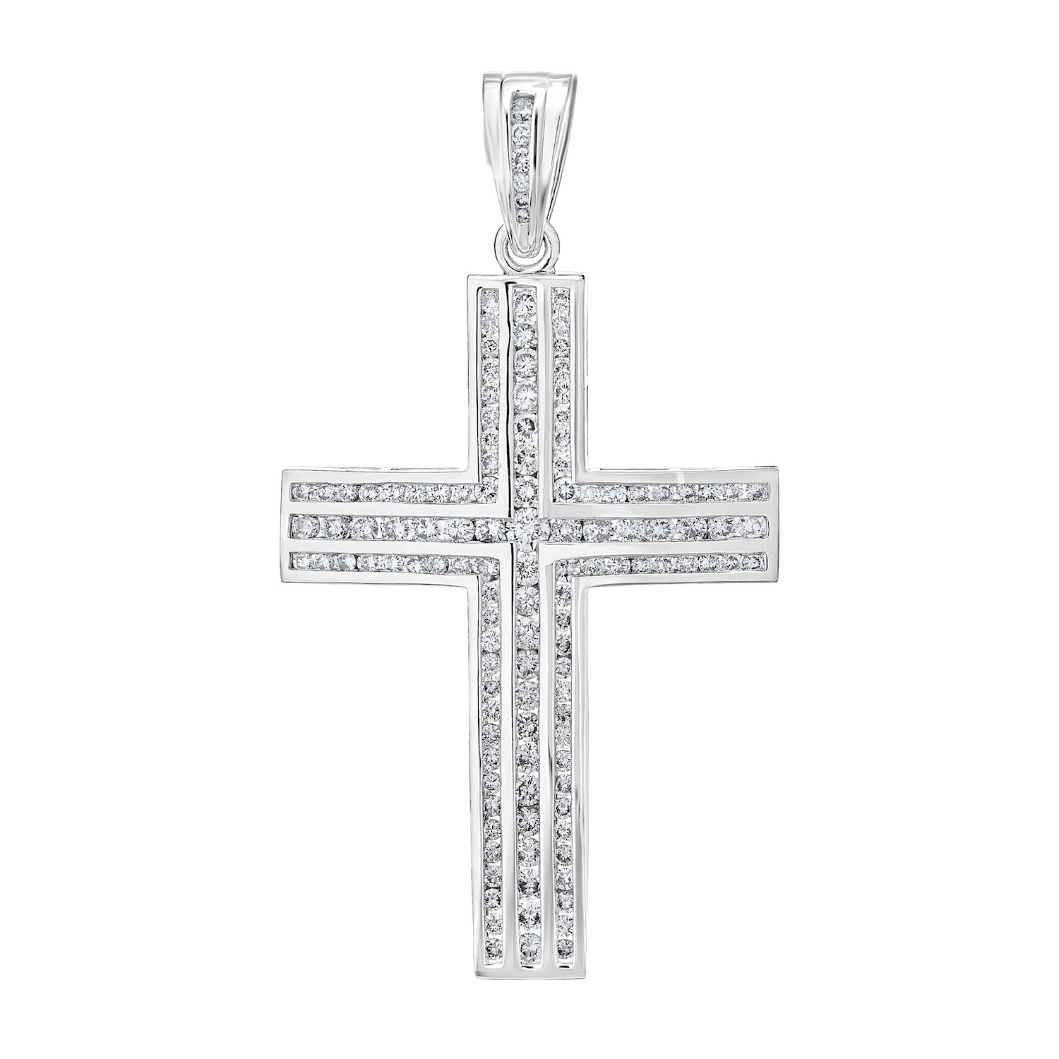 Shefian™ 14K White Gold Pendant Men's 3 Rows Channel Set Cross Diamond 10.00 Ctw