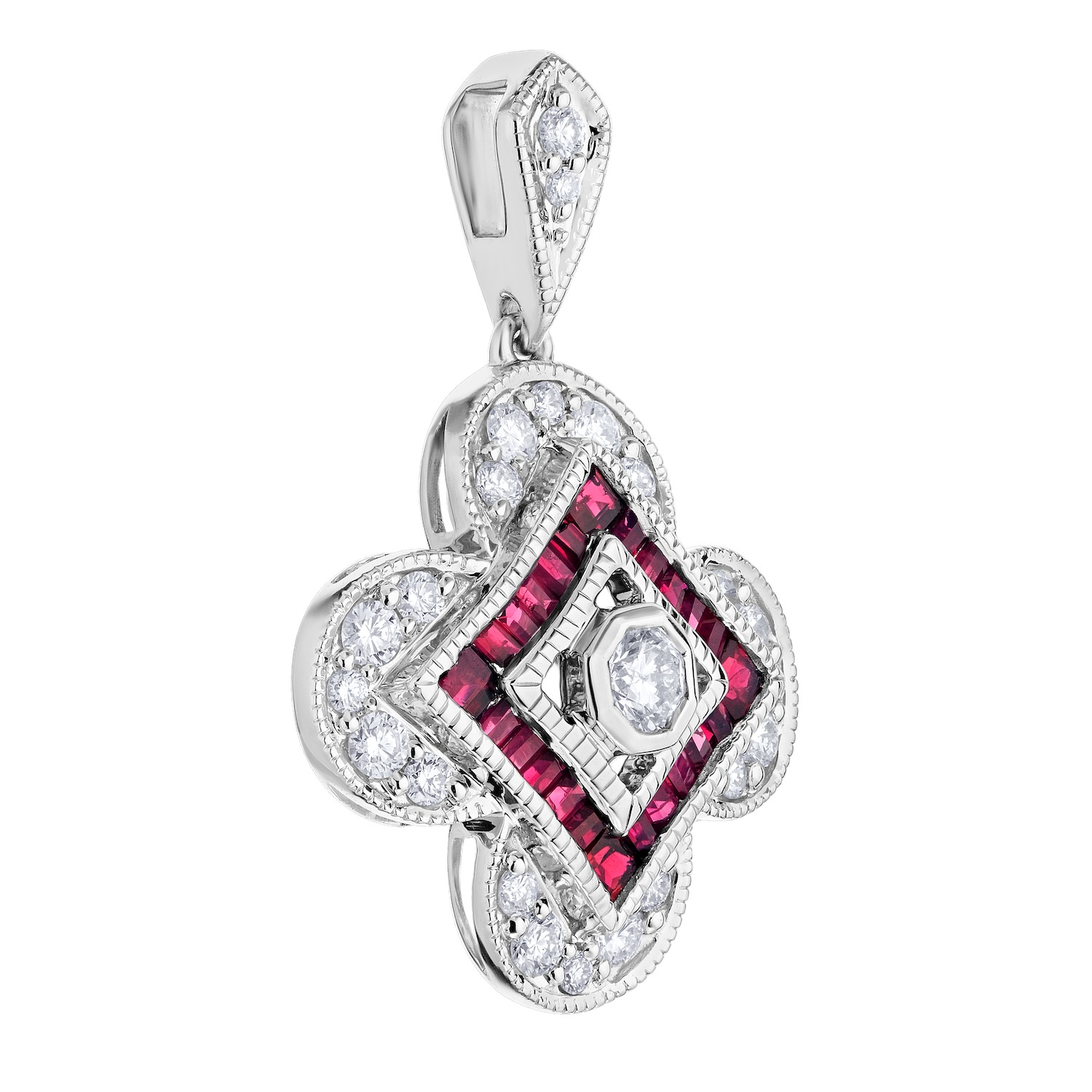 Vintage Treasures™ 14k White Gold Clover Shaped with Offset Contrasting Square Center Pendant Diamond & Ruby 1.07 Ctw