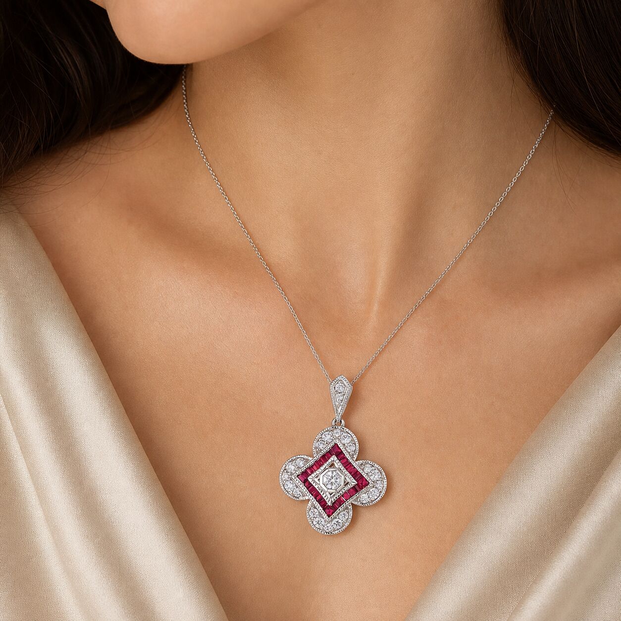 Vintage Treasures™ 14k White Gold Clover Shaped with Offset Contrasting Square Center Pendant Diamond & Ruby 1.07 Ctw