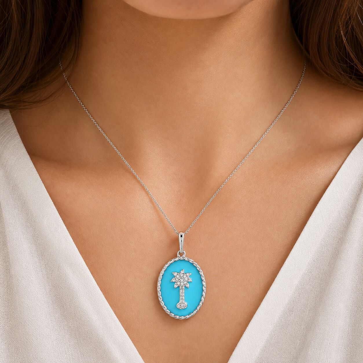 OCEANITY ™ 14k White Gold Pendant Oval Enamel with Pave Palm Tree Center Twisted Wire Frame Diamond 0.10 Ctw
