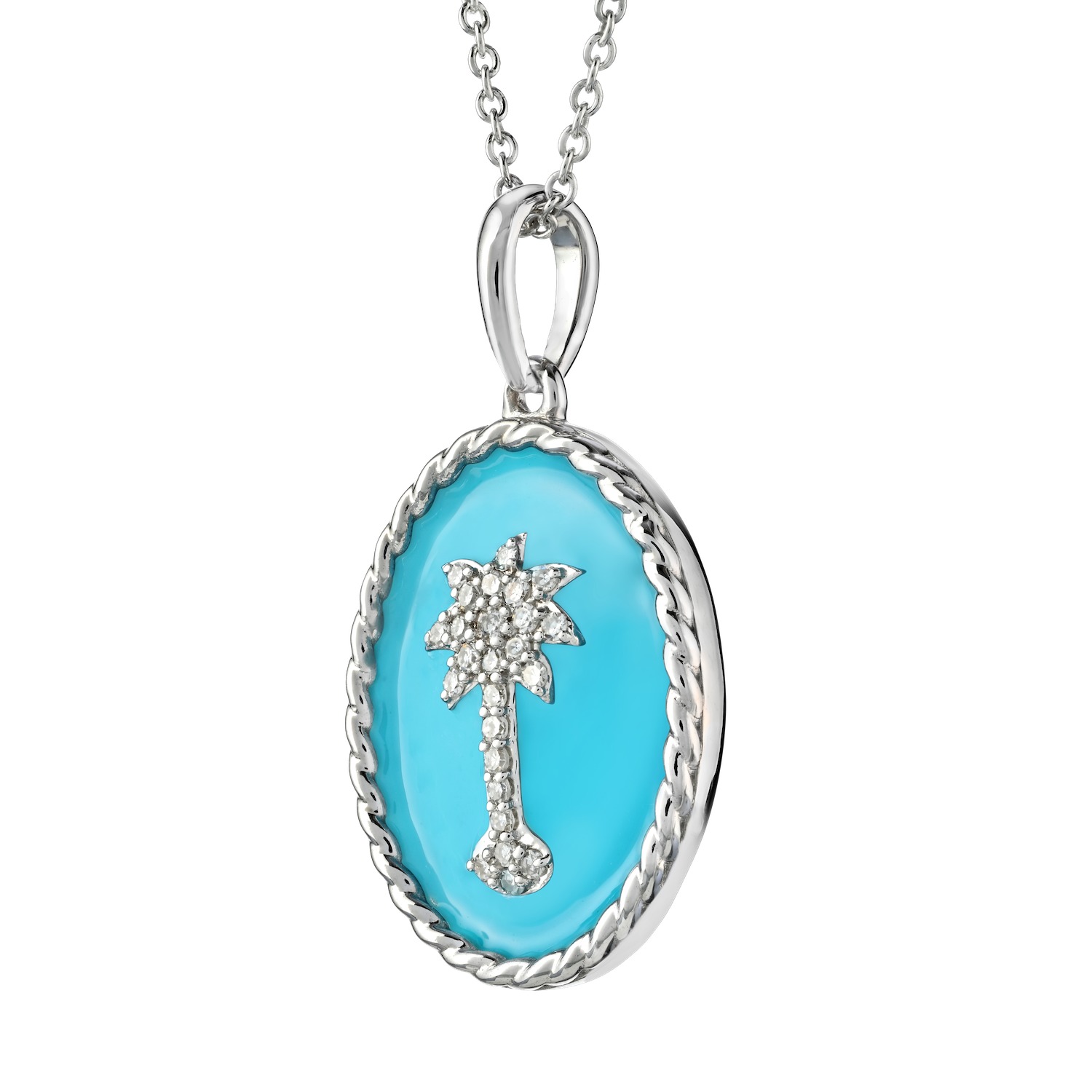 OCEANITY ™ 14k White Gold Pendant Oval Enamel with Pave Palm Tree Center Twisted Wire Frame Diamond 0.10 Ctw
