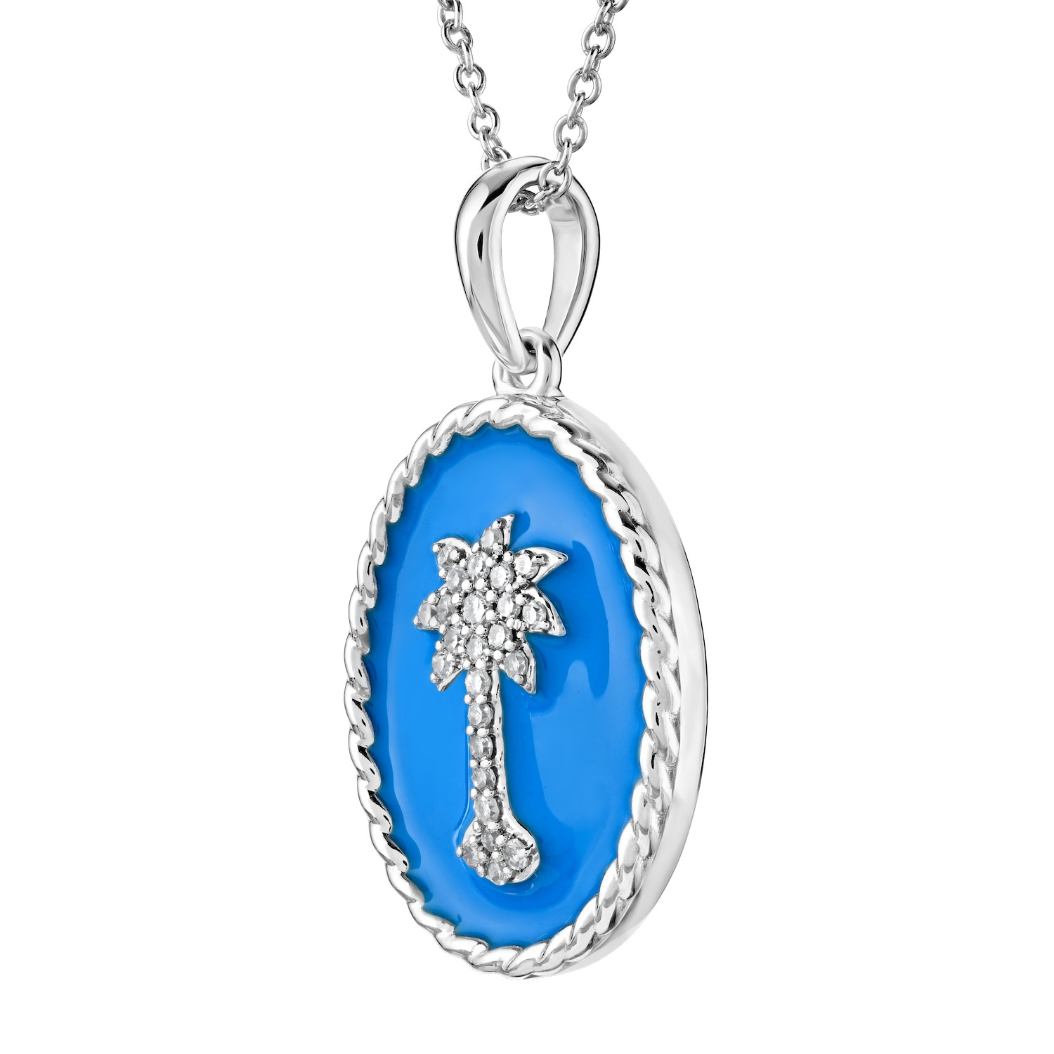 OCEANITY ™ 14k White Gold Pendant Oval Enamel with Pave Palm Tree Center Twisted Wire Frame Diamond 0.10 Ctw