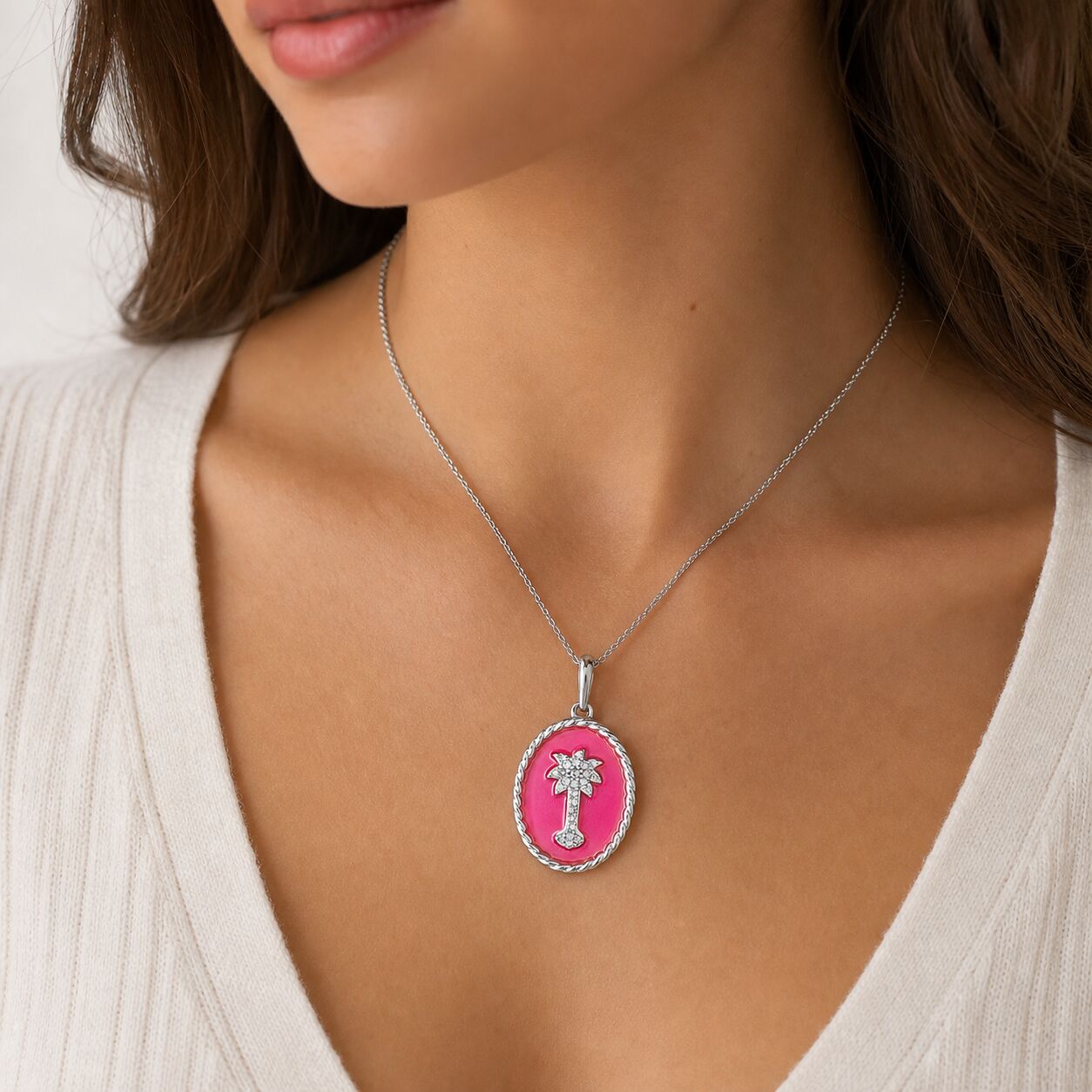 OCEANITY ™ 14k White Gold Pendant Oval Enamel with Pave Palm Tree Center Twisted Wire Frame Diamond 0.10 Ctw