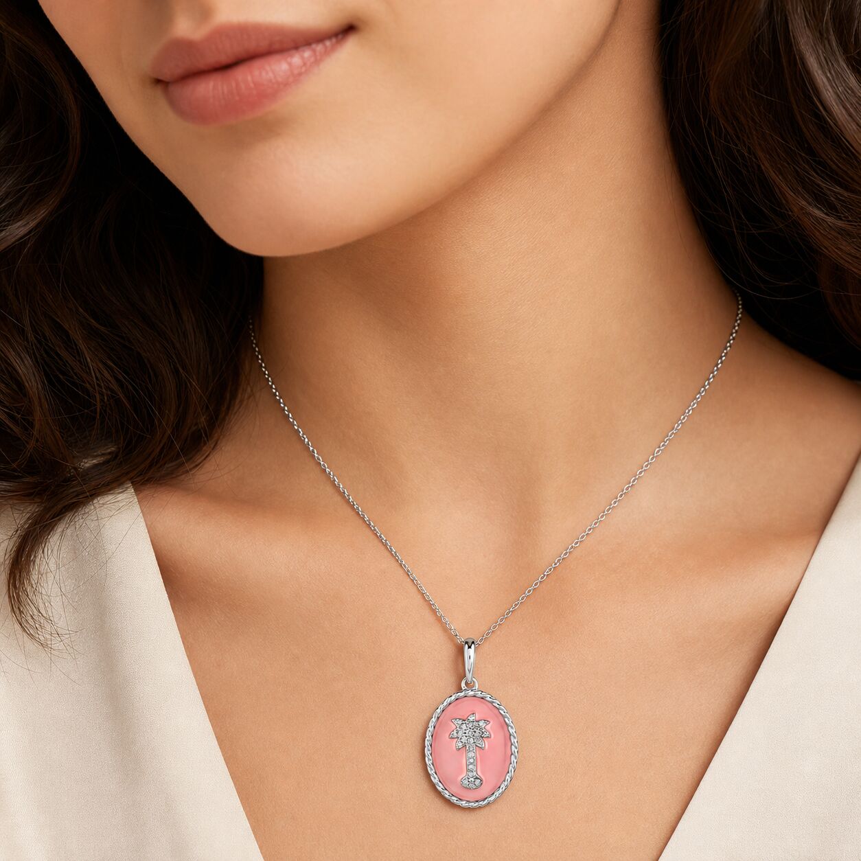 OCEANITY ™ 14k White Gold Pendant Oval Enamel with Pave Palm Tree Center Twisted Wire Frame Diamond 0.10 Ctw