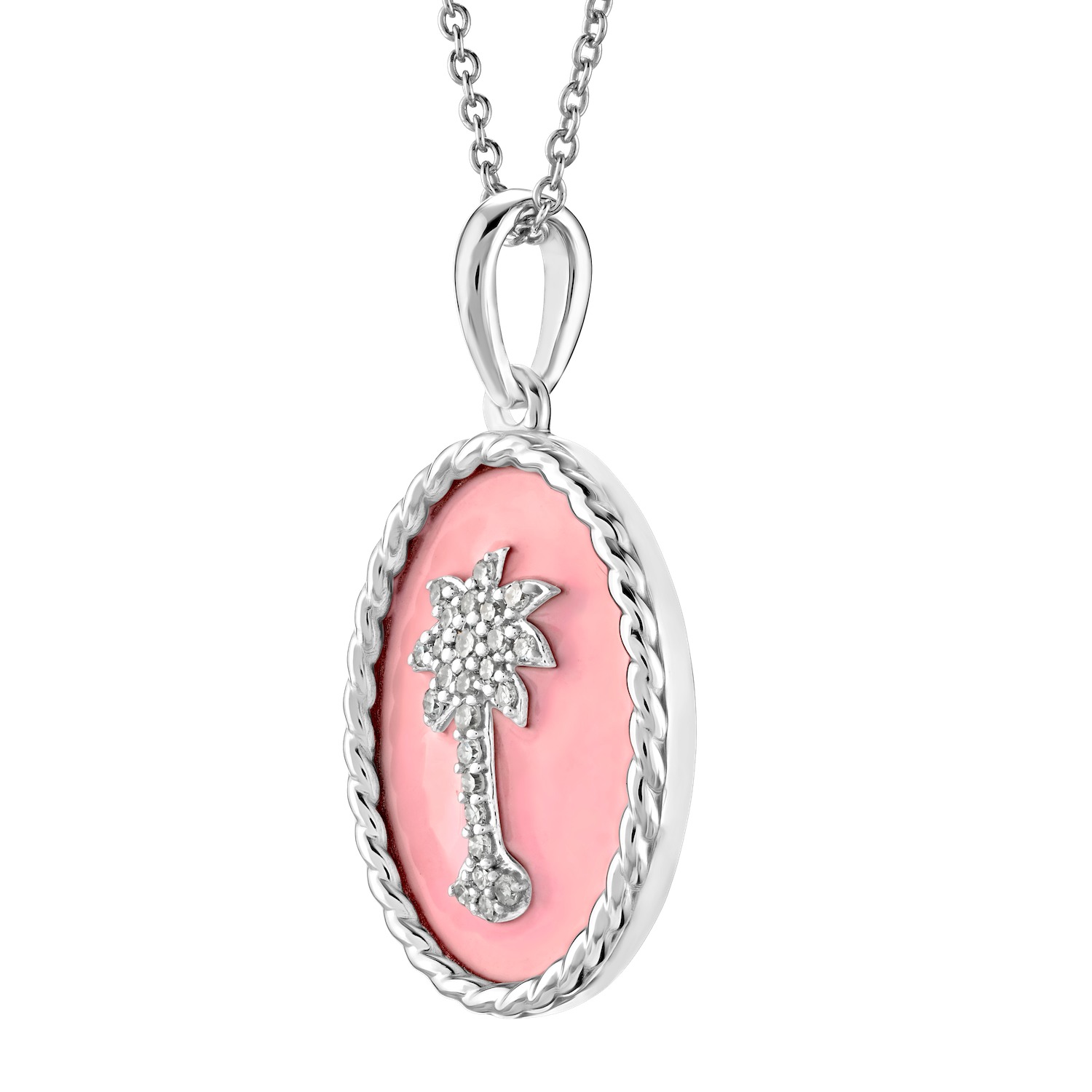OCEANITY ™ 14k White Gold Pendant Oval Enamel with Pave Palm Tree Center Twisted Wire Frame Diamond 0.10 Ctw