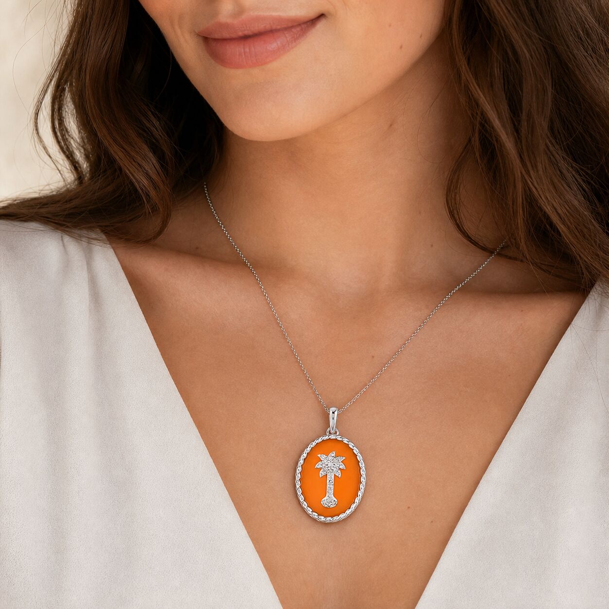 OCEANITY ™ 14k White Gold Pendant Oval Enamel with Pave Palm Tree Center Twisted Wire Frame Diamond 0.10 Ctw