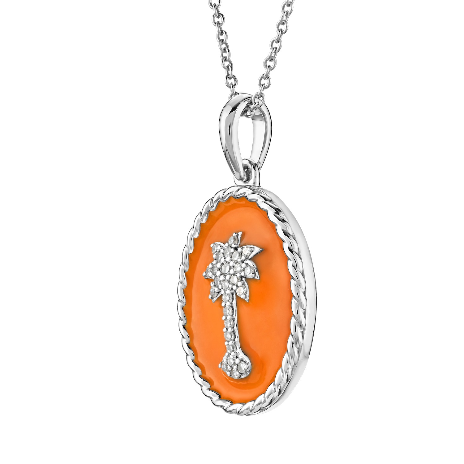 OCEANITY ™ 14k White Gold Pendant Oval Enamel with Pave Palm Tree Center Twisted Wire Frame Diamond 0.10 Ctw