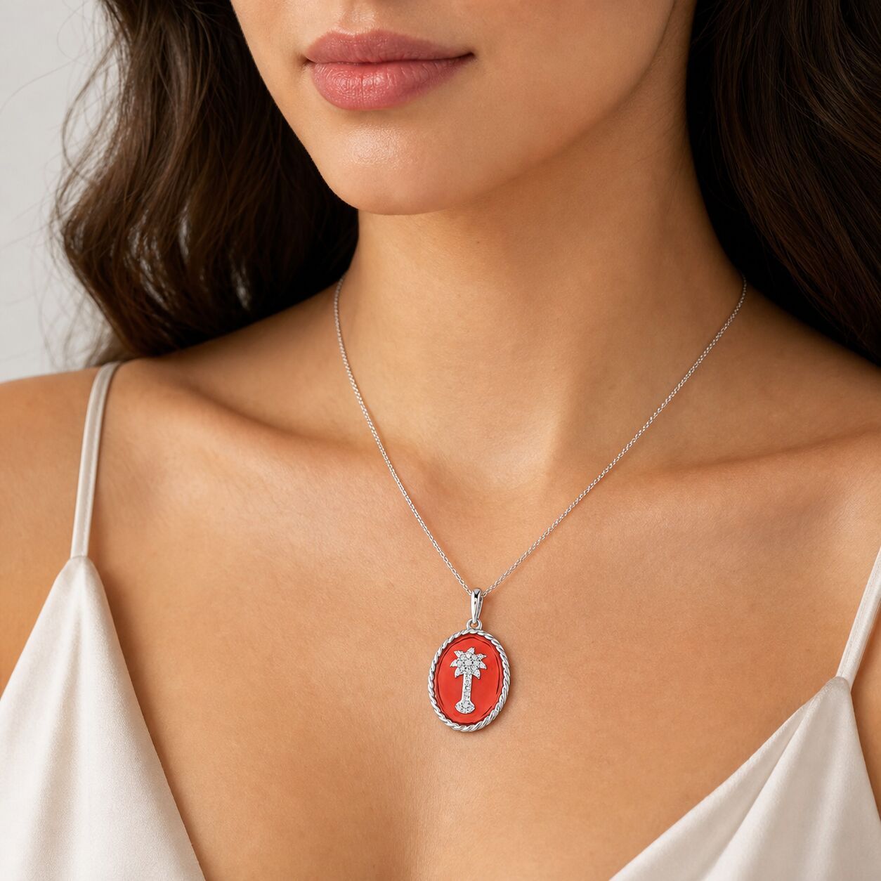 OCEANITY ™ 14k White Gold Pendant Oval Enamel with Pave Palm Tree Center Twisted Wire Frame Diamond 0.10 Ctw