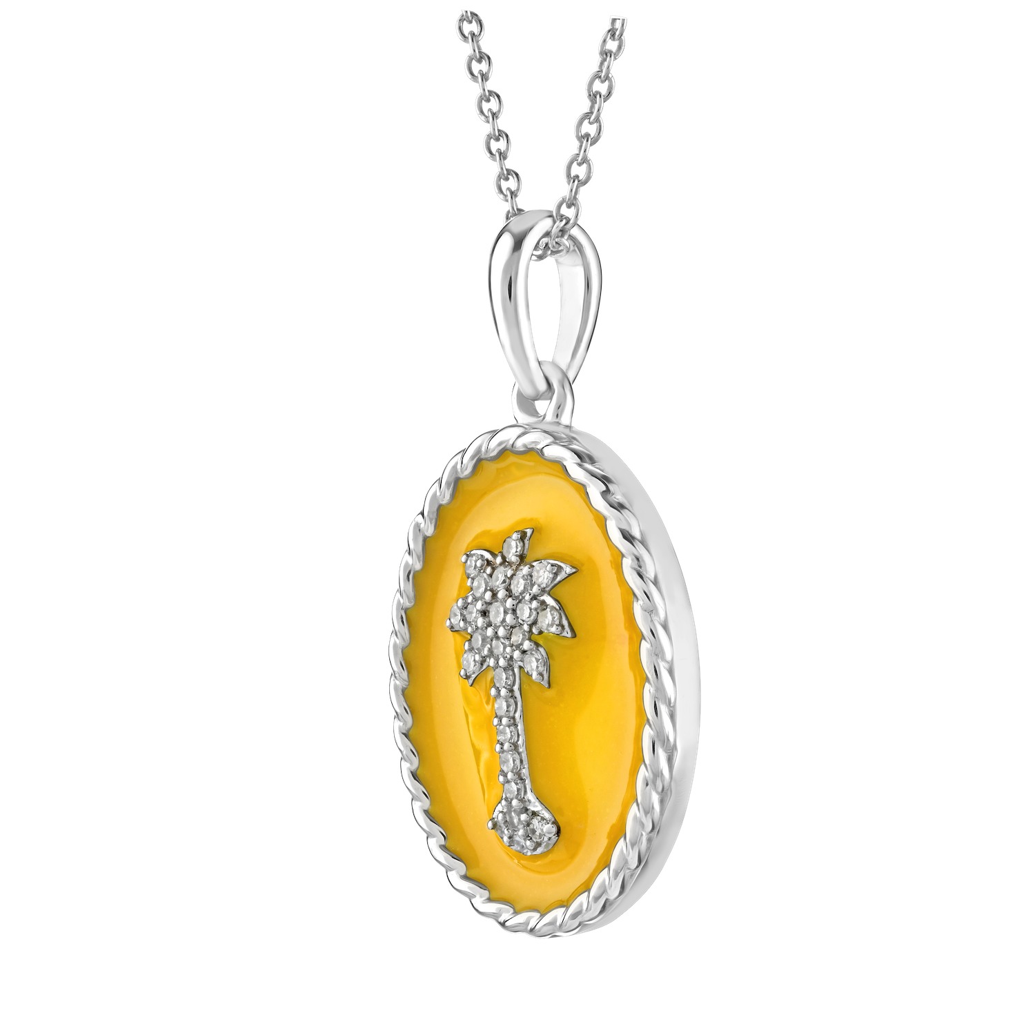 OCEANITY ™ 14k White Gold Pendant Oval Enamel with Pave Palm Tree Center Twisted Wire Frame Diamond 0.10 Ctw