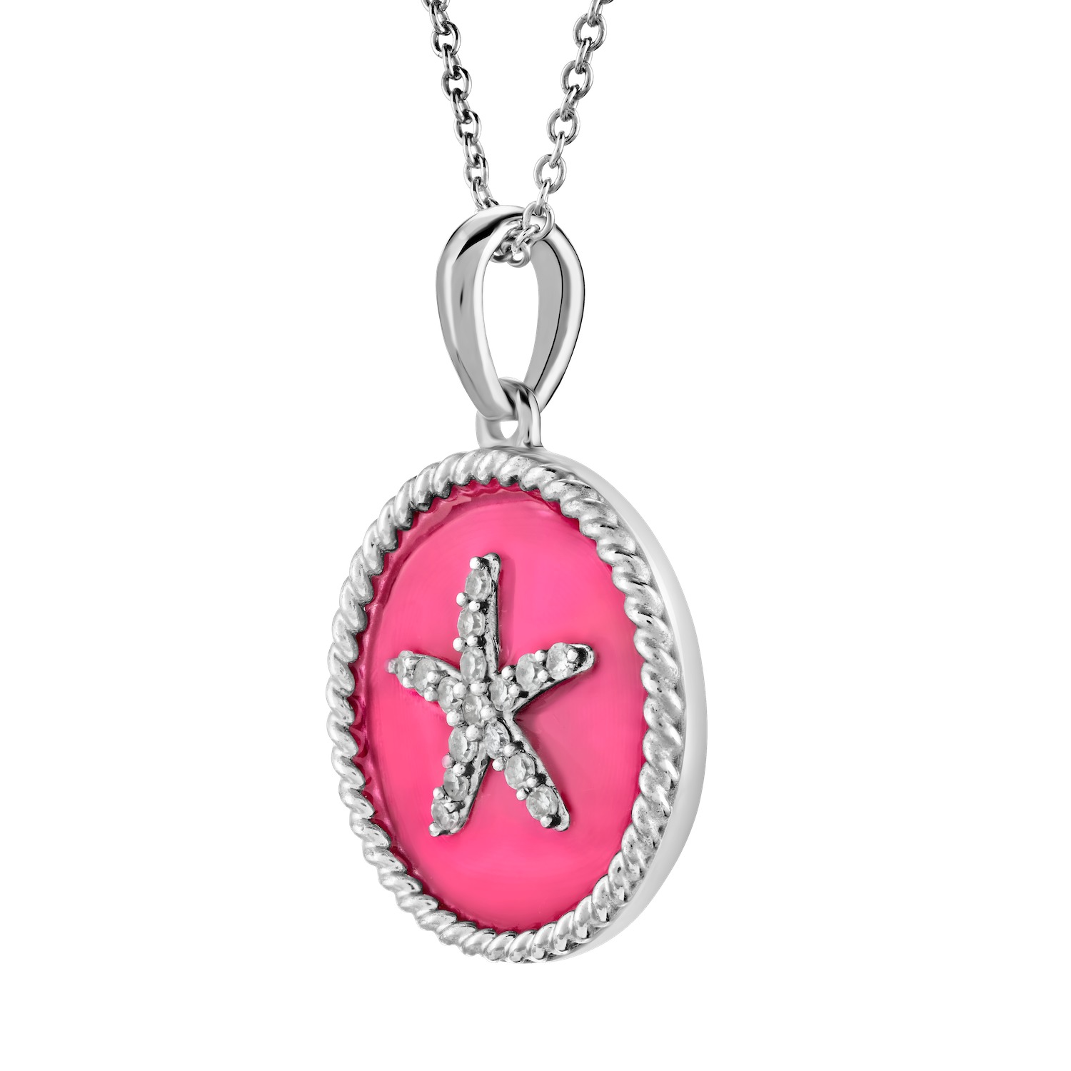 OCEANITY ™ 14k White Gold Pendant Round Enamel with Pave Starfish Center Twisted Wire Frame Diamond 0.10 Ctw