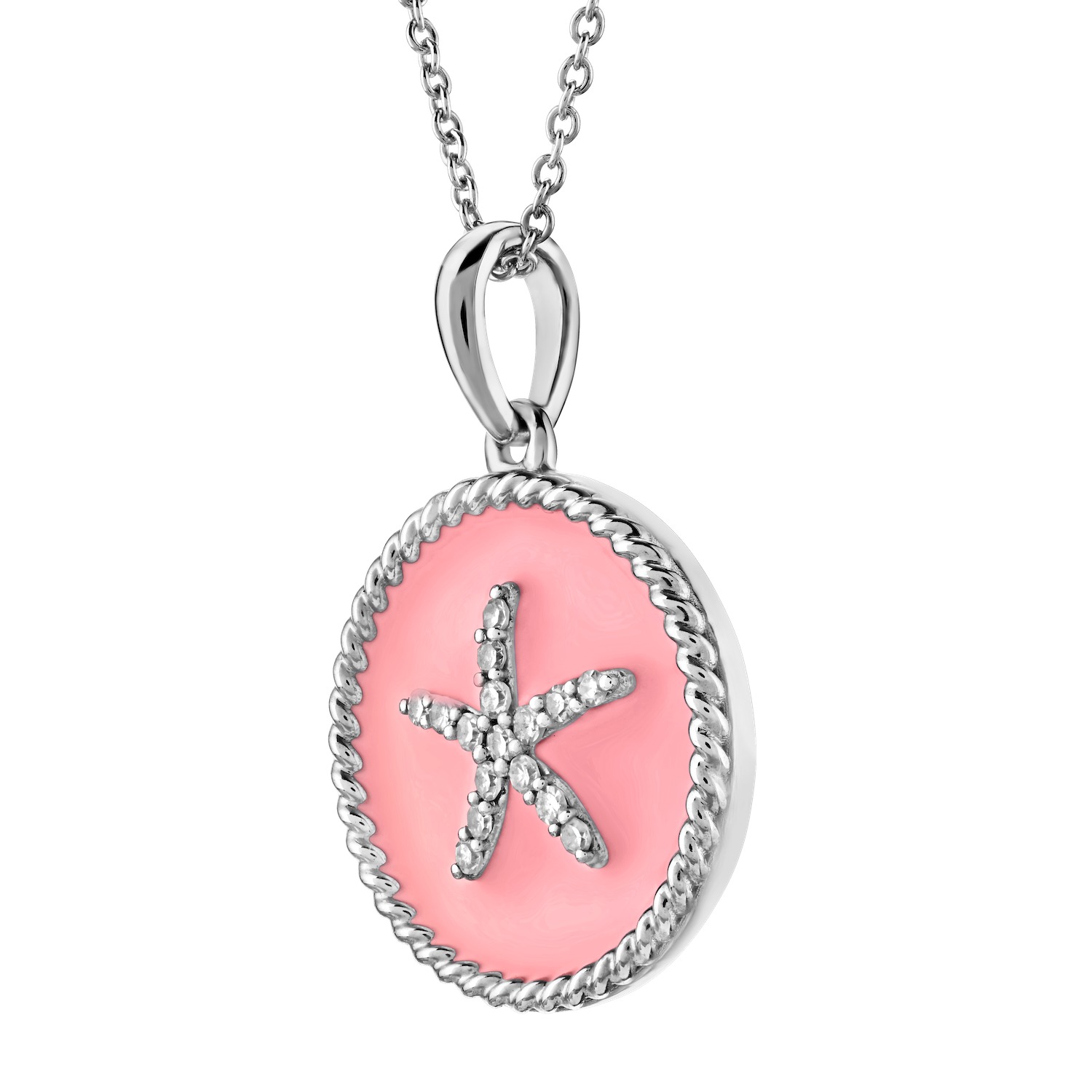 OCEANITY ™ 14k White Gold Pendant Round Enamel with Pave Starfish Center Twisted Wire Frame Diamond 0.10 Ctw