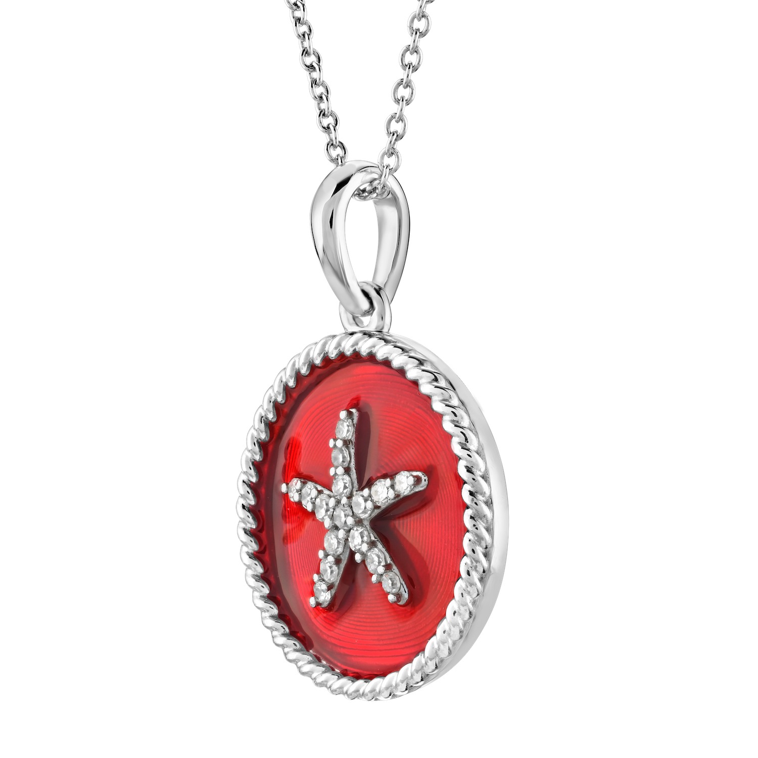 OCEANITY ™ 14k White Gold Pendant Round Enamel with Pave Starfish Center Twisted Wire Frame Diamond 0.10 Ctw