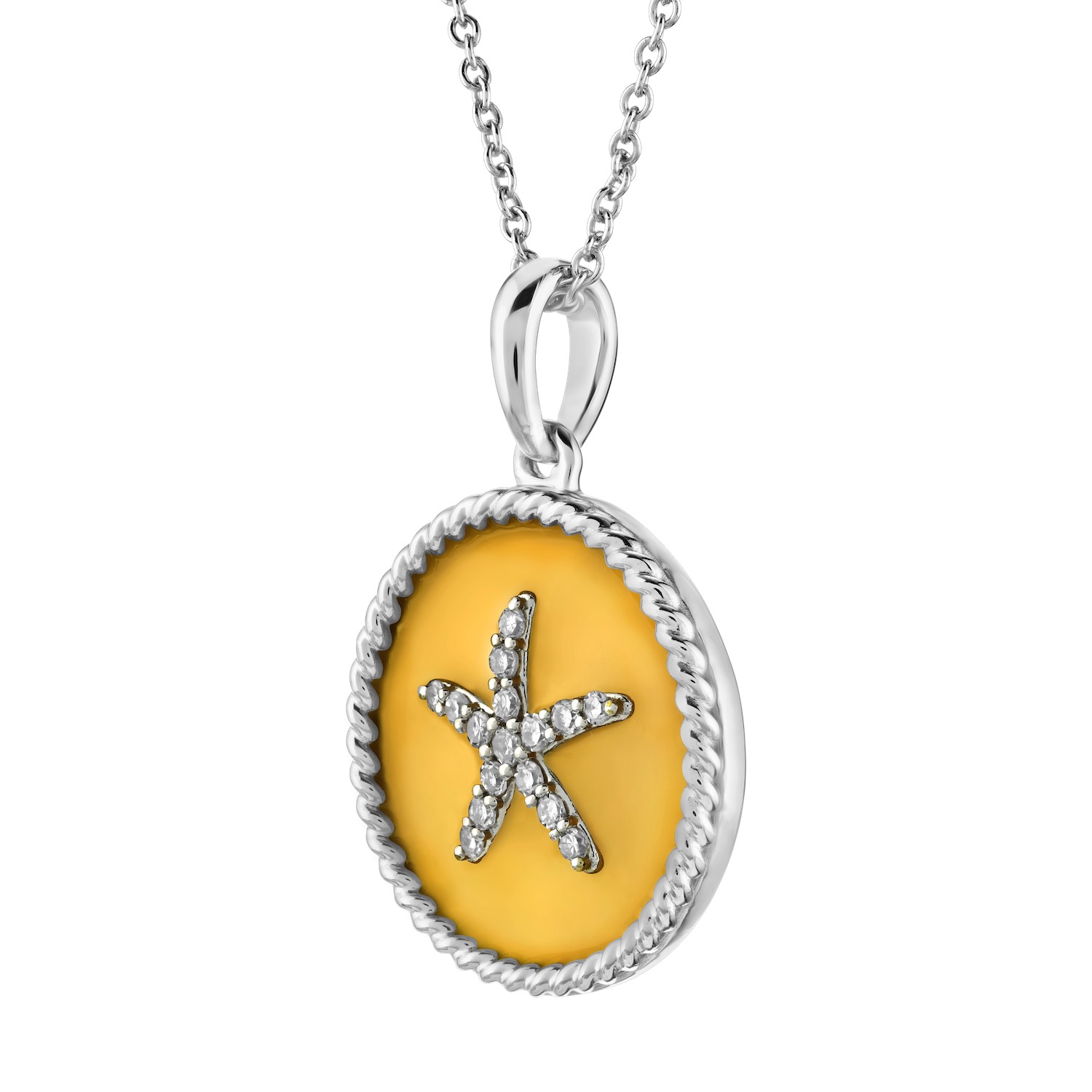 OCEANITY ™ 14k White Gold Pendant Round Enamel with Pave Starfish Center Twisted Wire Frame Diamond 0.10 Ctw