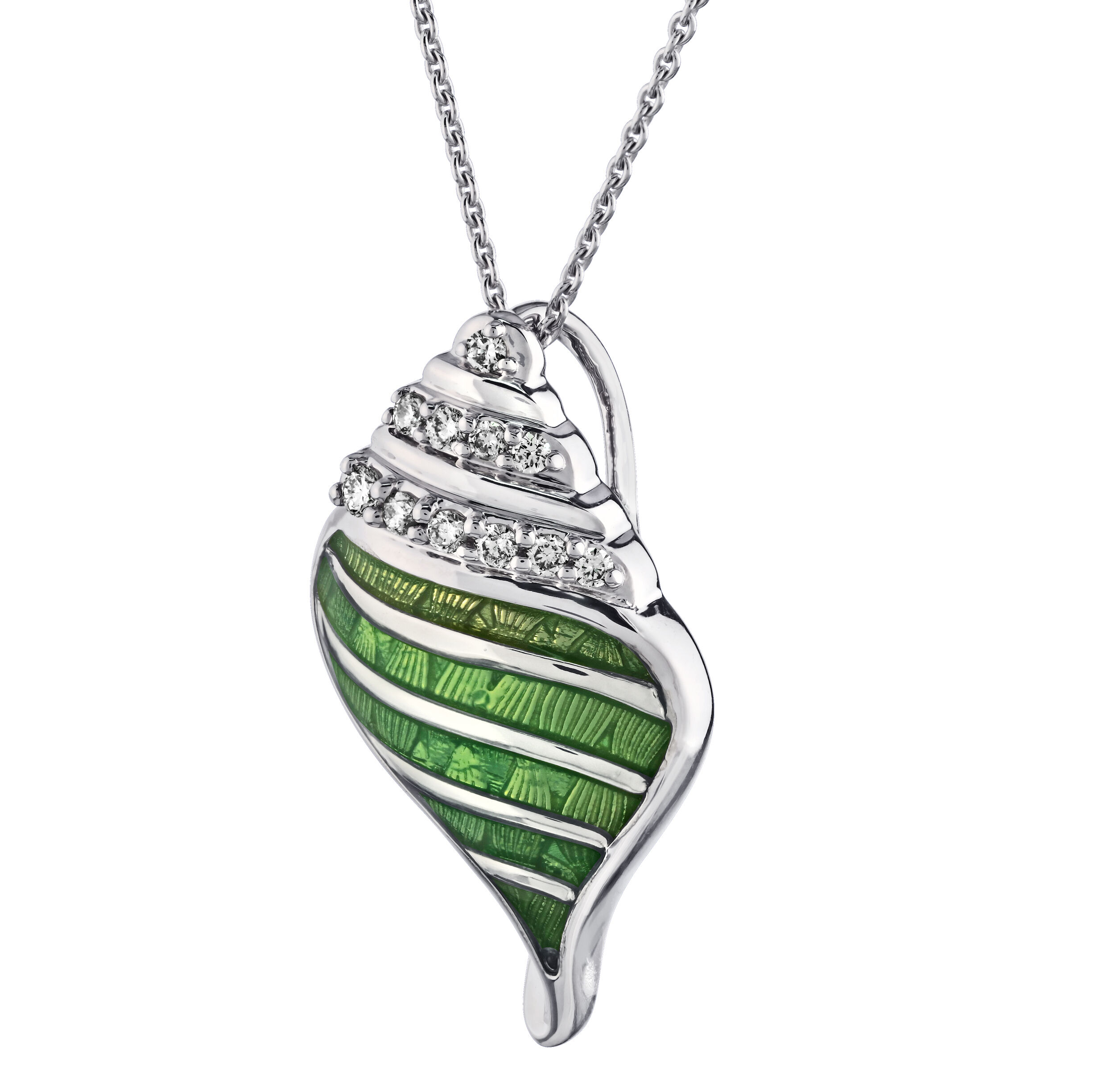 Pendant:  14KW Enamel Conch Shell Hidden Bail 11 Rd. 1/10 Ctw