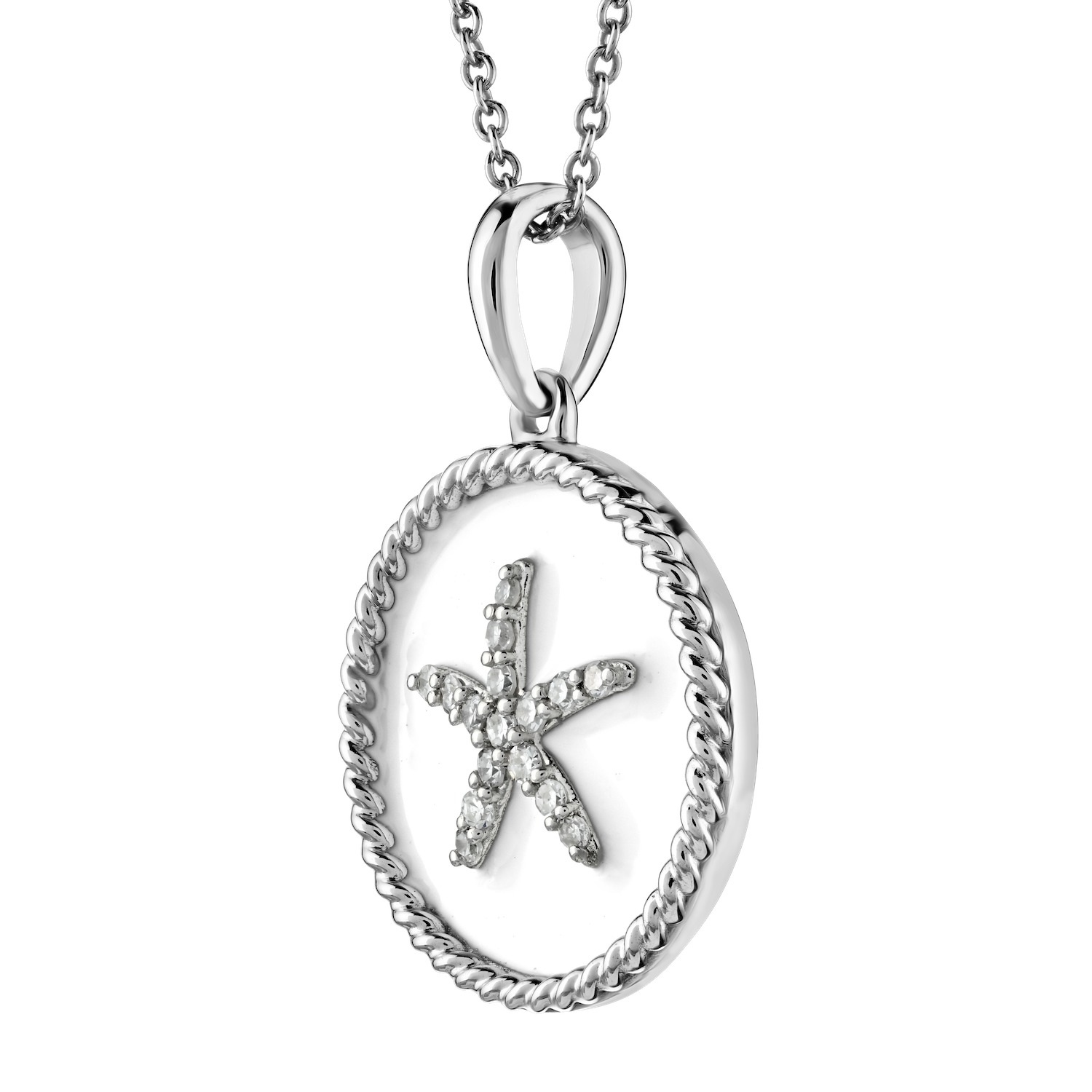 Oceanity™ Sterling Silver Pendant Round Enamel with Pave Starfish Center Twisted Wire Frame Diamond WHITE 0.10 Ctw