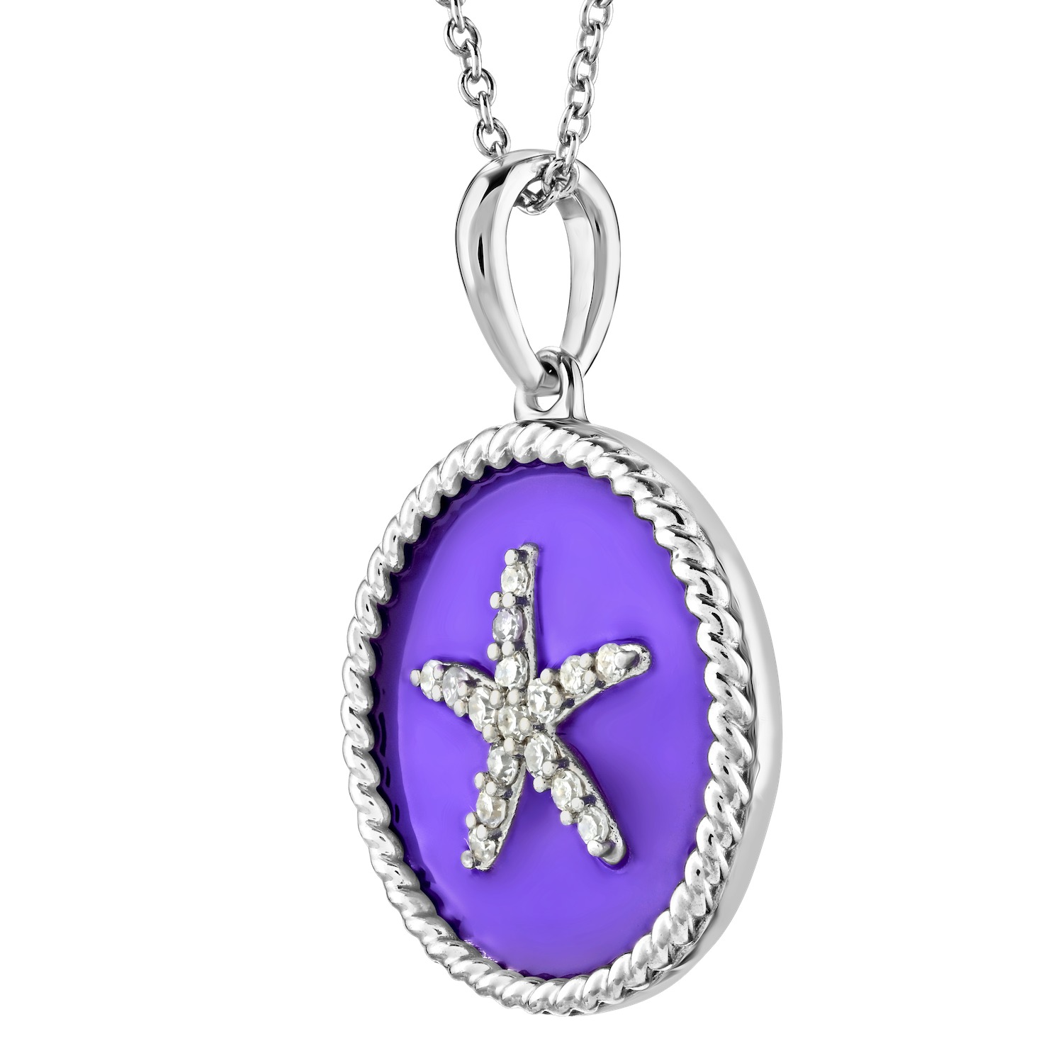 Oceanity™ Sterling Silver Pendant Round Enamel with Pave Starfish Center Twisted Wire Frame Diamond PURPLE 0.10 Ctw
