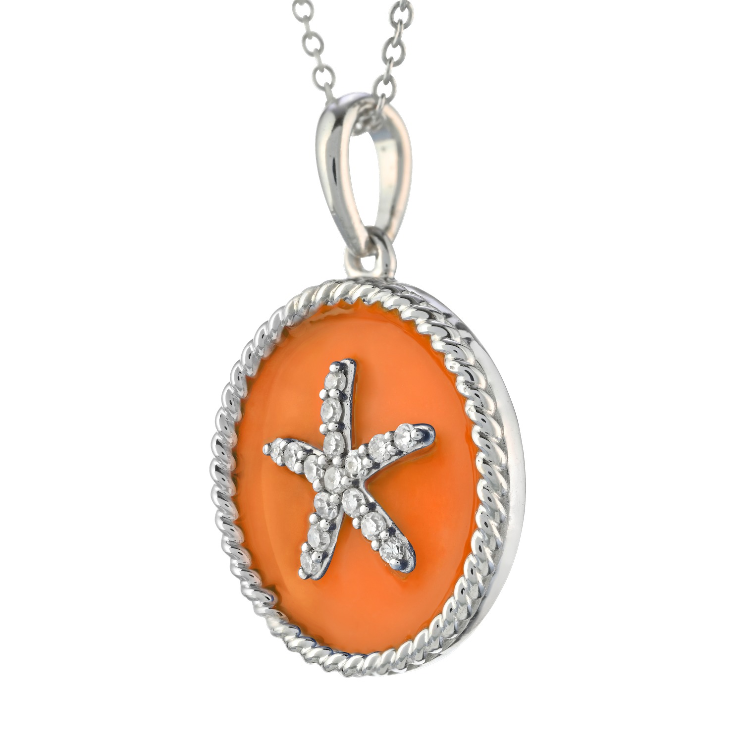 Oceanity™ Sterling Silver Pendant Round Enamel with Pave Starfish Center Twisted Wire Frame Diamond ORANGE 0.10 Ctw