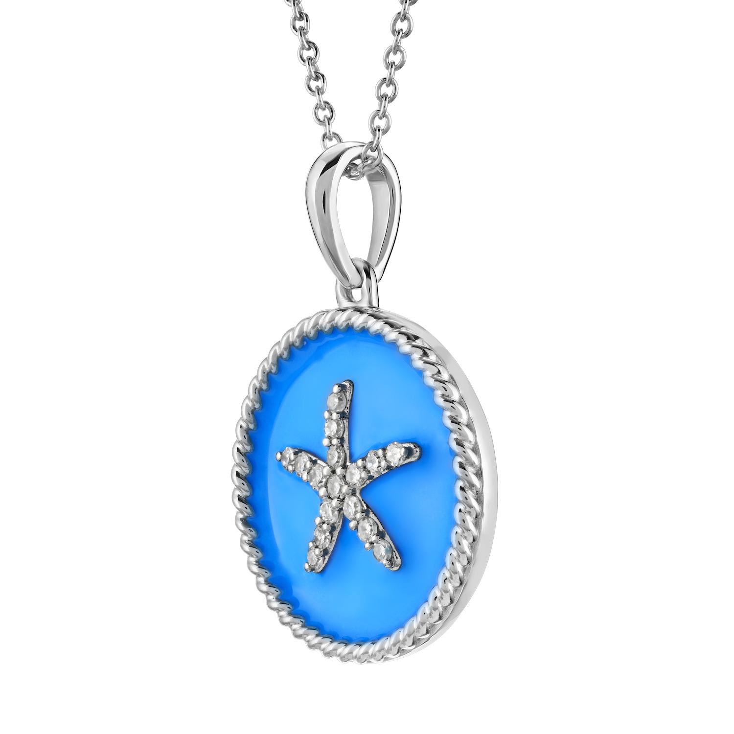 Oceanity™ Sterling Silver Pendant Round Enamel with Pave Starfish Center Twisted Wire Frame Diamond BRIGHT BLUE 0.10 Ctw