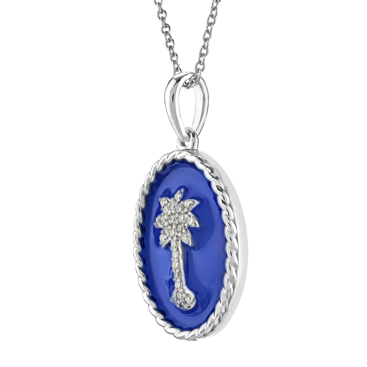 OCEANITY ™ 14k White Gold Pendant Oval Enamel with Pave Palm Tree Center Twisted Wire Frame Diamond 0.10 Ctw