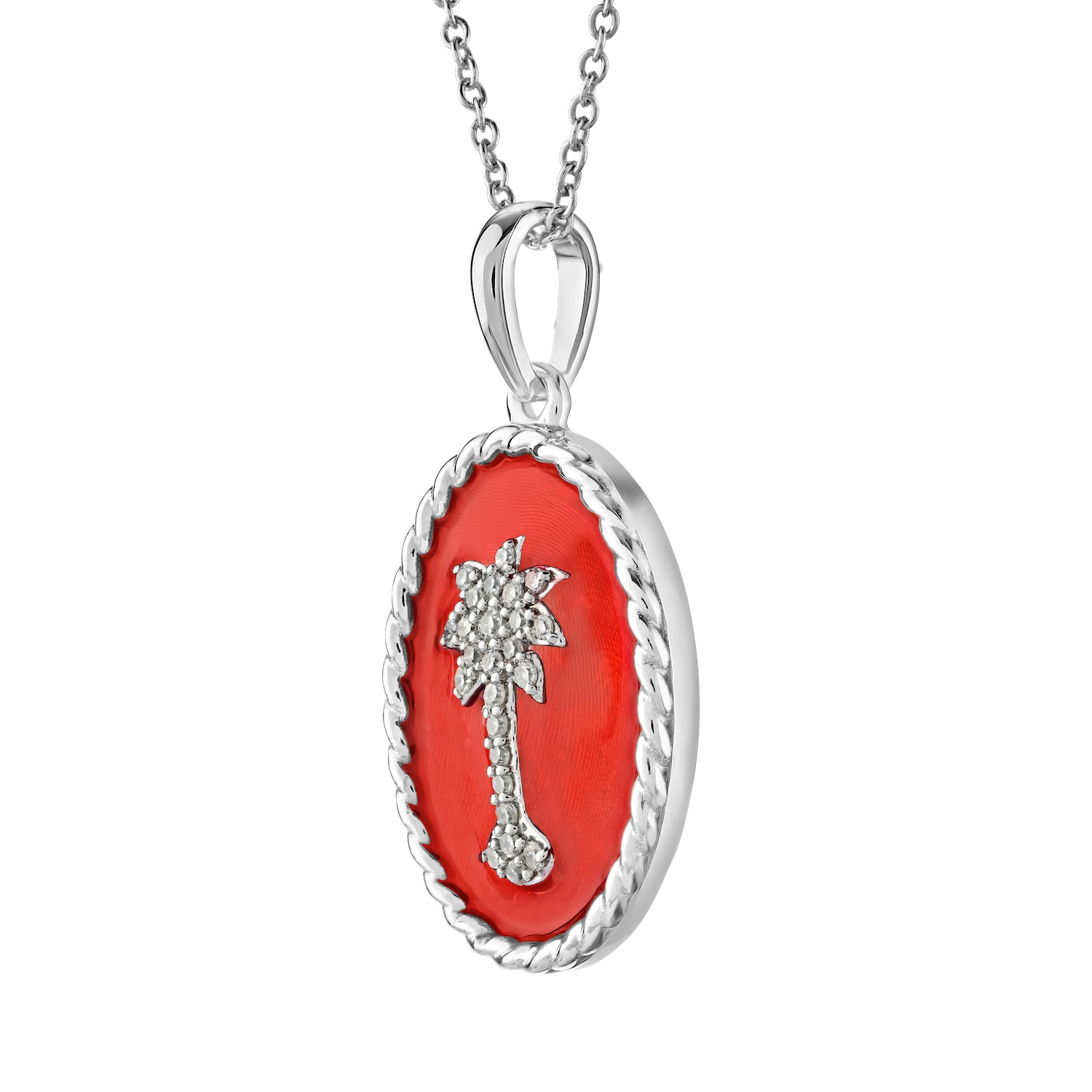 OCEANITY ™ 14k White Gold Pendant Oval Enamel with Pave Palm Tree Center Twisted Wire Frame Diamond 0.10 Ctw
