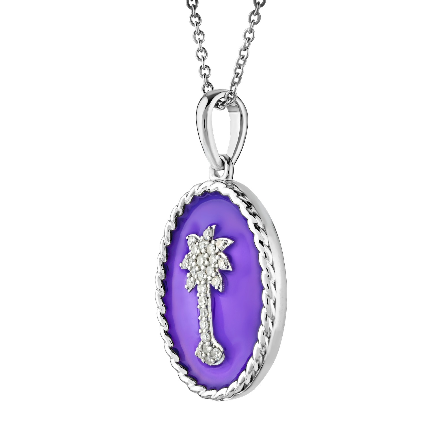 OCEANITY ™ 14k White Gold Pendant Oval Enamel with Pave Palm Tree Center Twisted Wire Frame Diamond 0.10 Ctw