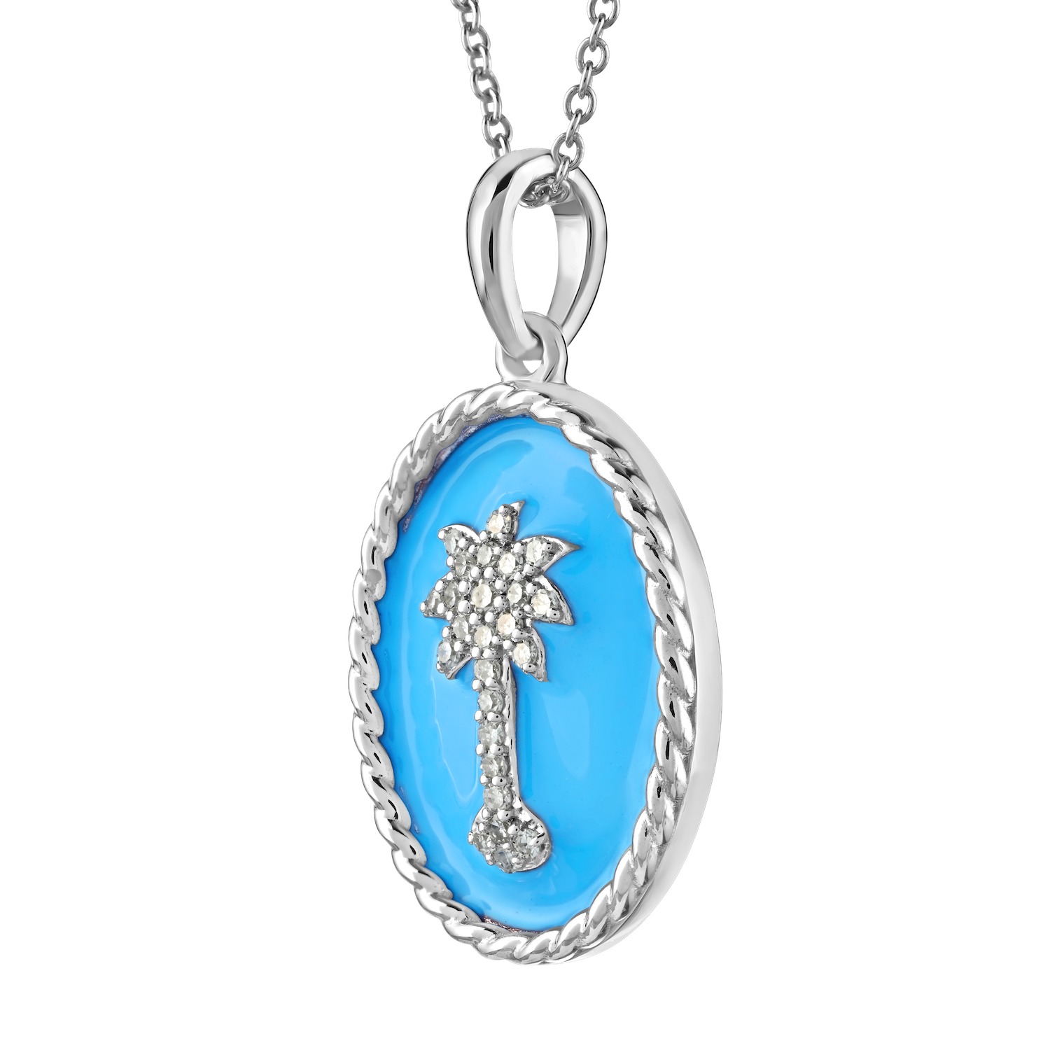 OCEANITY ™ 14k White Gold Pendant Oval Enamel with Pave Palm Tree Center Twisted Wire Frame Diamond 0.10 Ctw