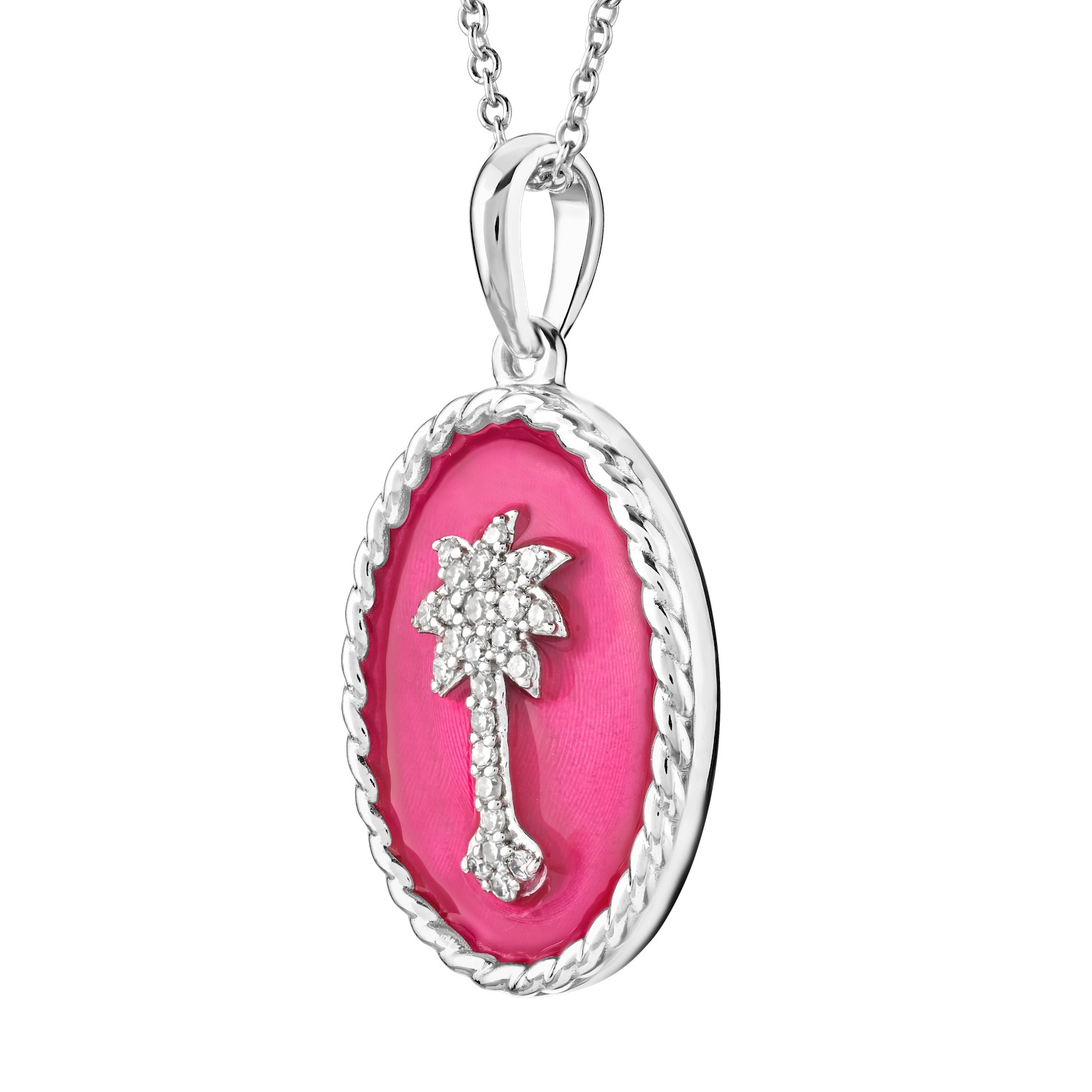 OCEANITY ™ 14k White Gold Pendant Oval Enamel with Pave Palm Tree Center Twisted Wire Frame Diamond 0.10 Ctw