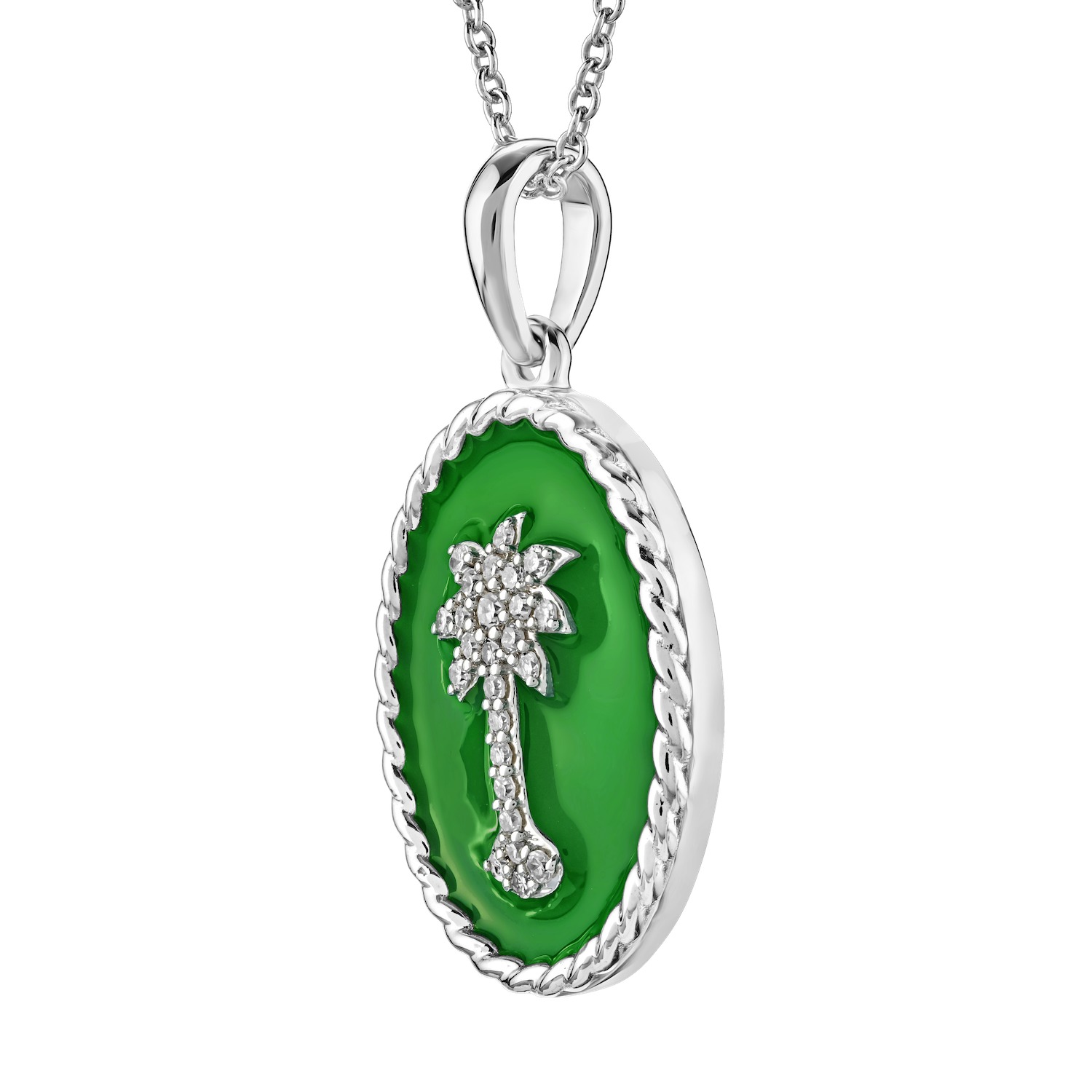 OCEANITY ™ 14k White Gold Pendant Oval Enamel with Pave Palm Tree Center Twisted Wire Frame Diamond 0.10 Ctw