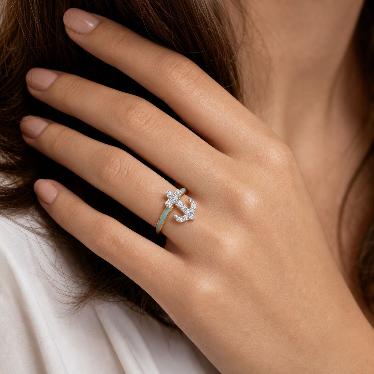 BluSea™ 14K Yellow Gold Ring Enamel Shank with Pave Anchor Diamond Aquamarine 0.07 Ctw