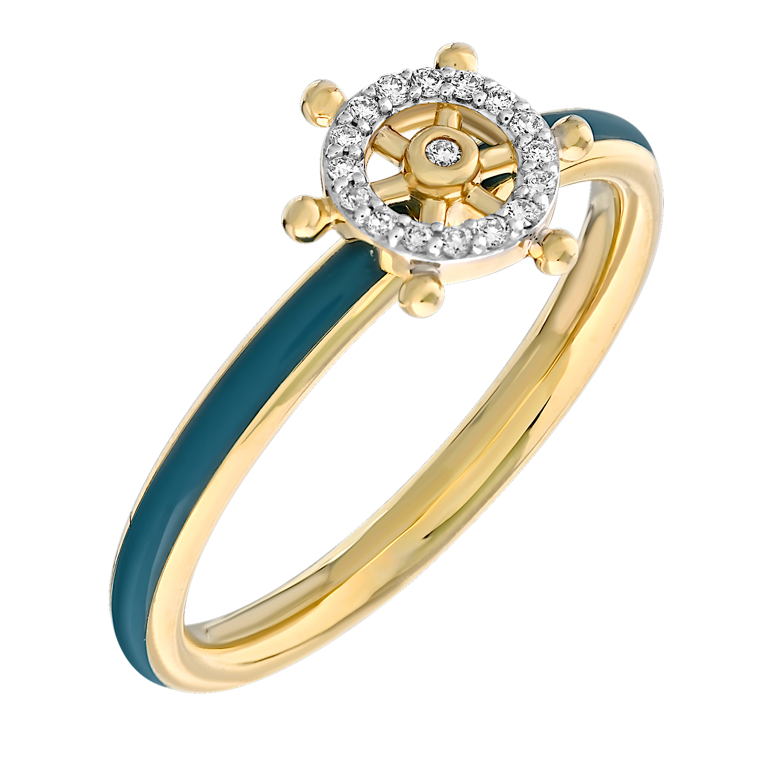 BluSea™ 14K Yellow Gold Ring Enamel Shank with Pave Ship Wheel Diamond 0.07 Ctw