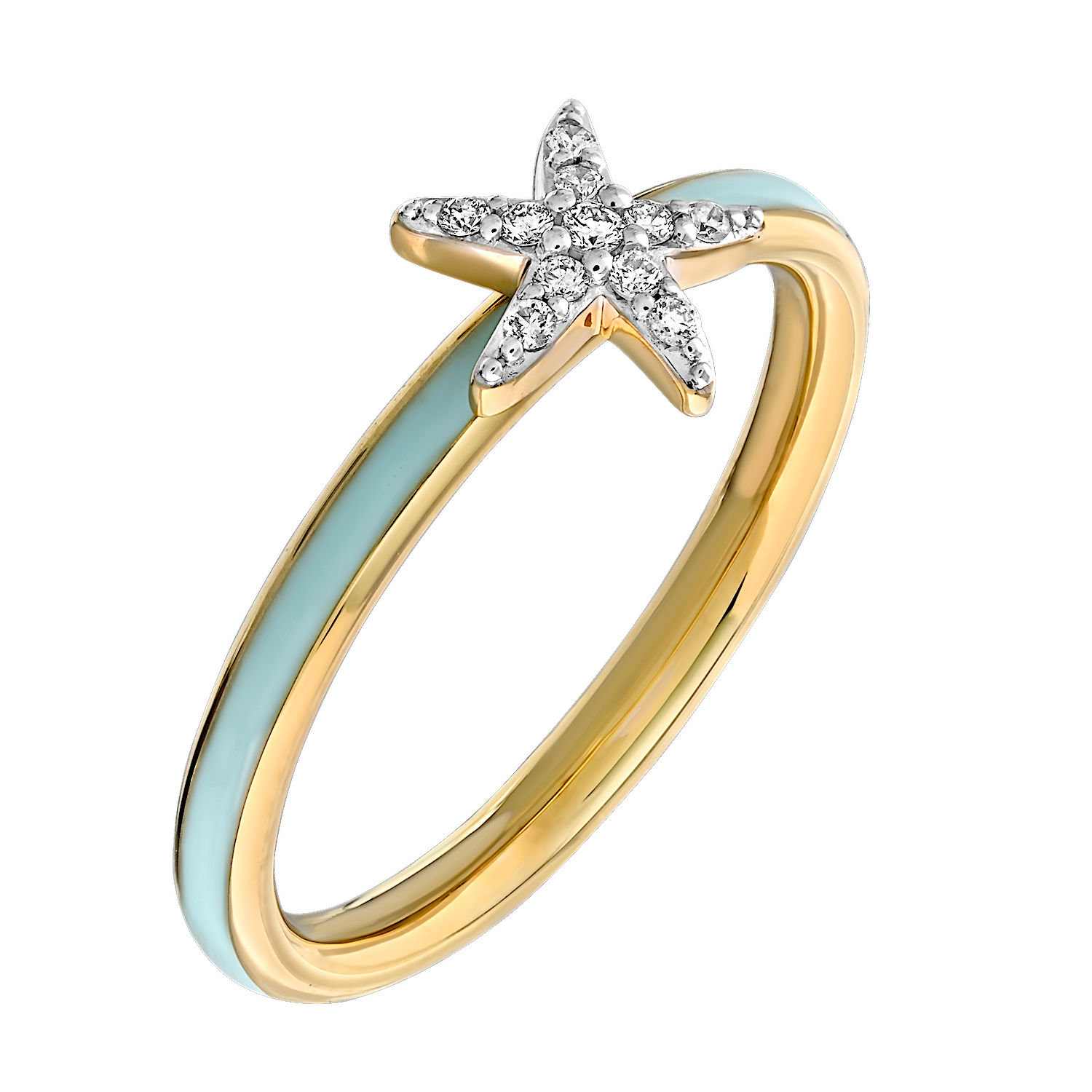 Oceanity™ 14K Yellow Gold Ring Enamel Shank with Pave Starfish Diamond 0.06 Ctw