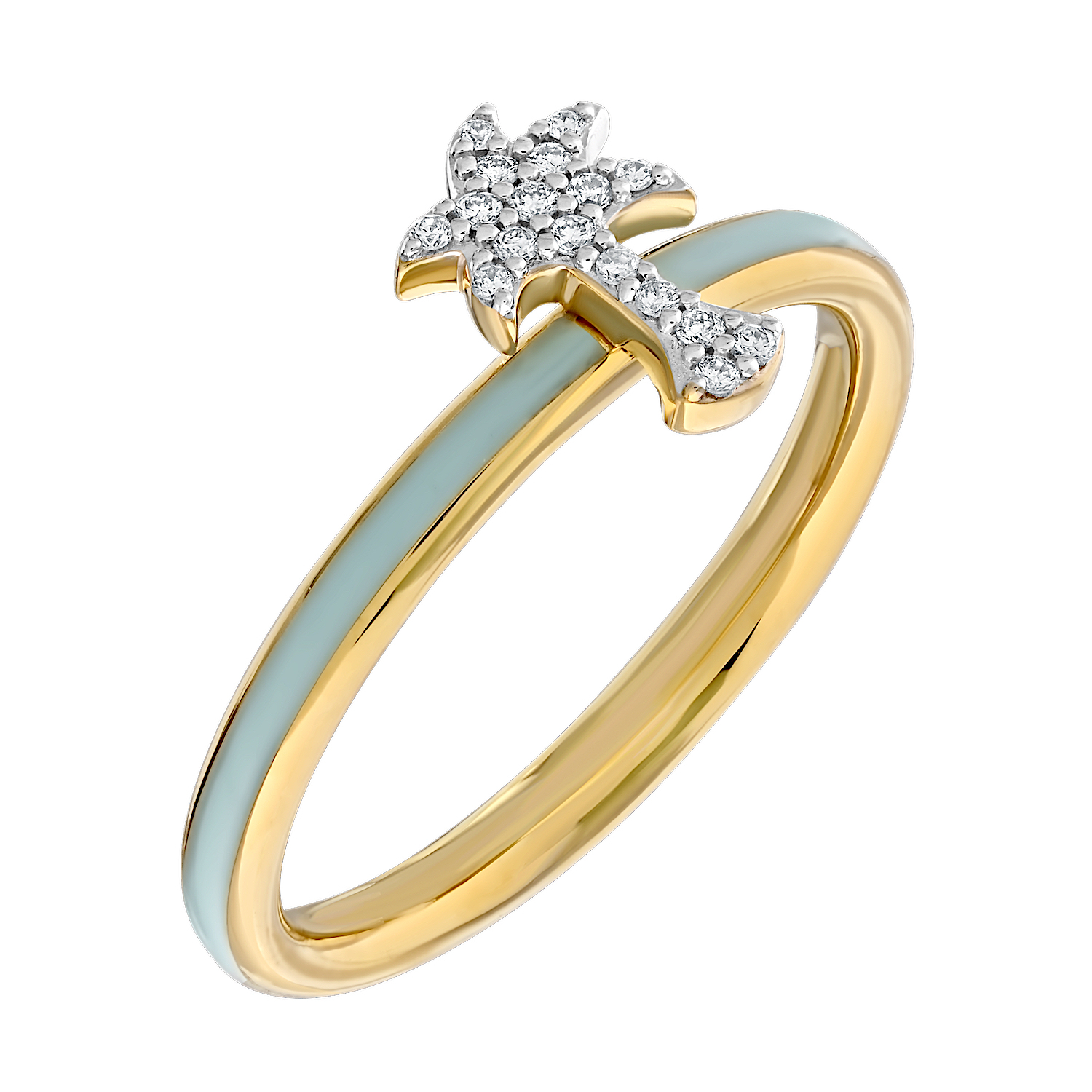 Oceanity™ 14K Yellow Gold Ring Enamel Shank with Pave Palm Tree Diamond 0.06 Ctw