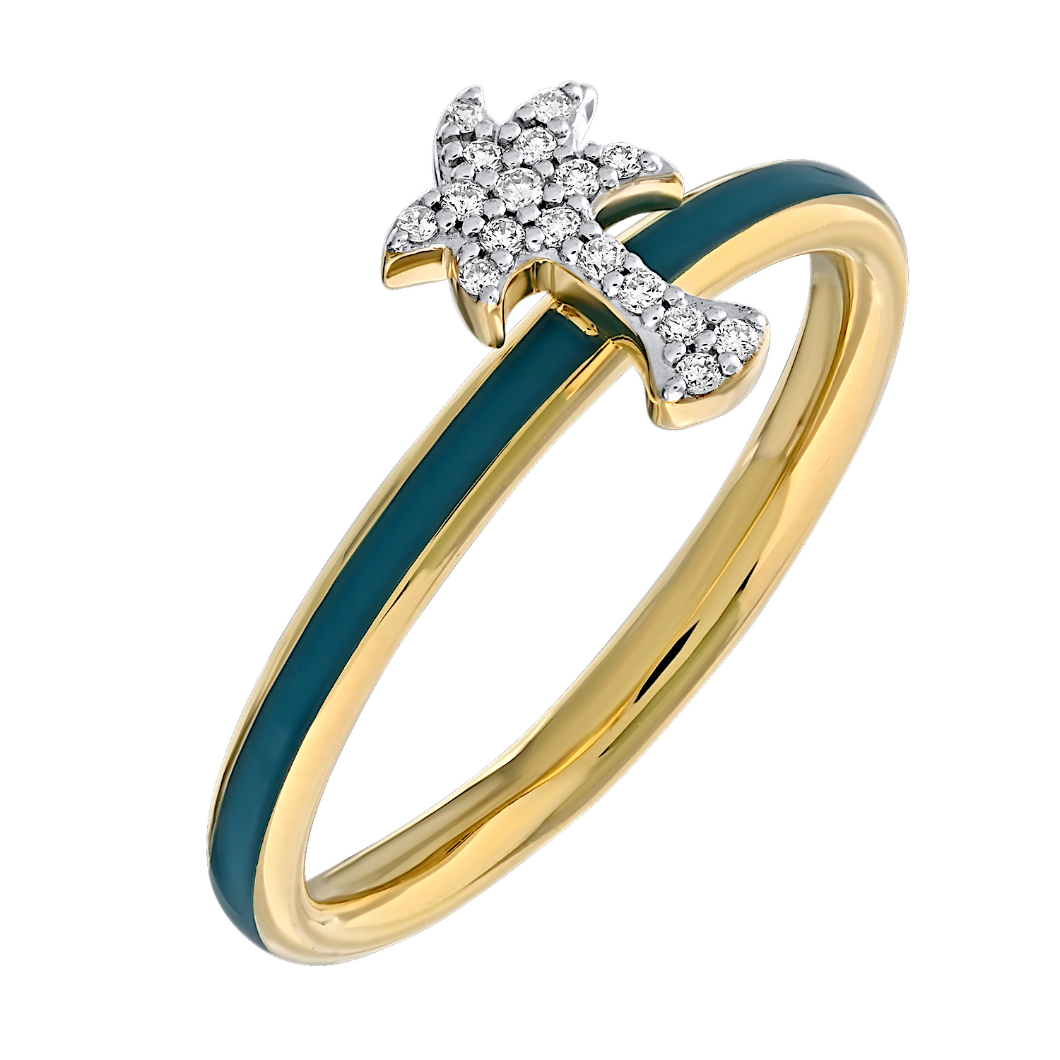 Oceanity™ 14K Yellow Gold Ring Enamel Shank with Pave Palm Tree Diamond 0.06 Ctw