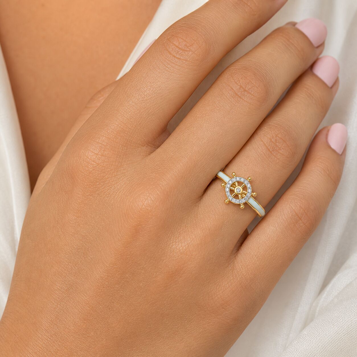 BluSea™ 14K Yellow Gold Ring Enamel Shank with Pave Ship Wheel Diamond Aquamarine 0.07 Ctw