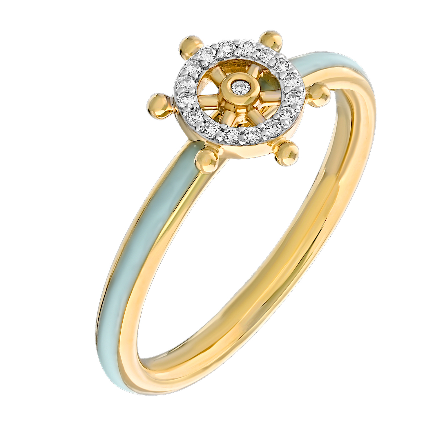 BluSea™ 14K Yellow Gold Ring Enamel Shank with Pave Ship Wheel Diamond Aquamarine 0.07 Ctw