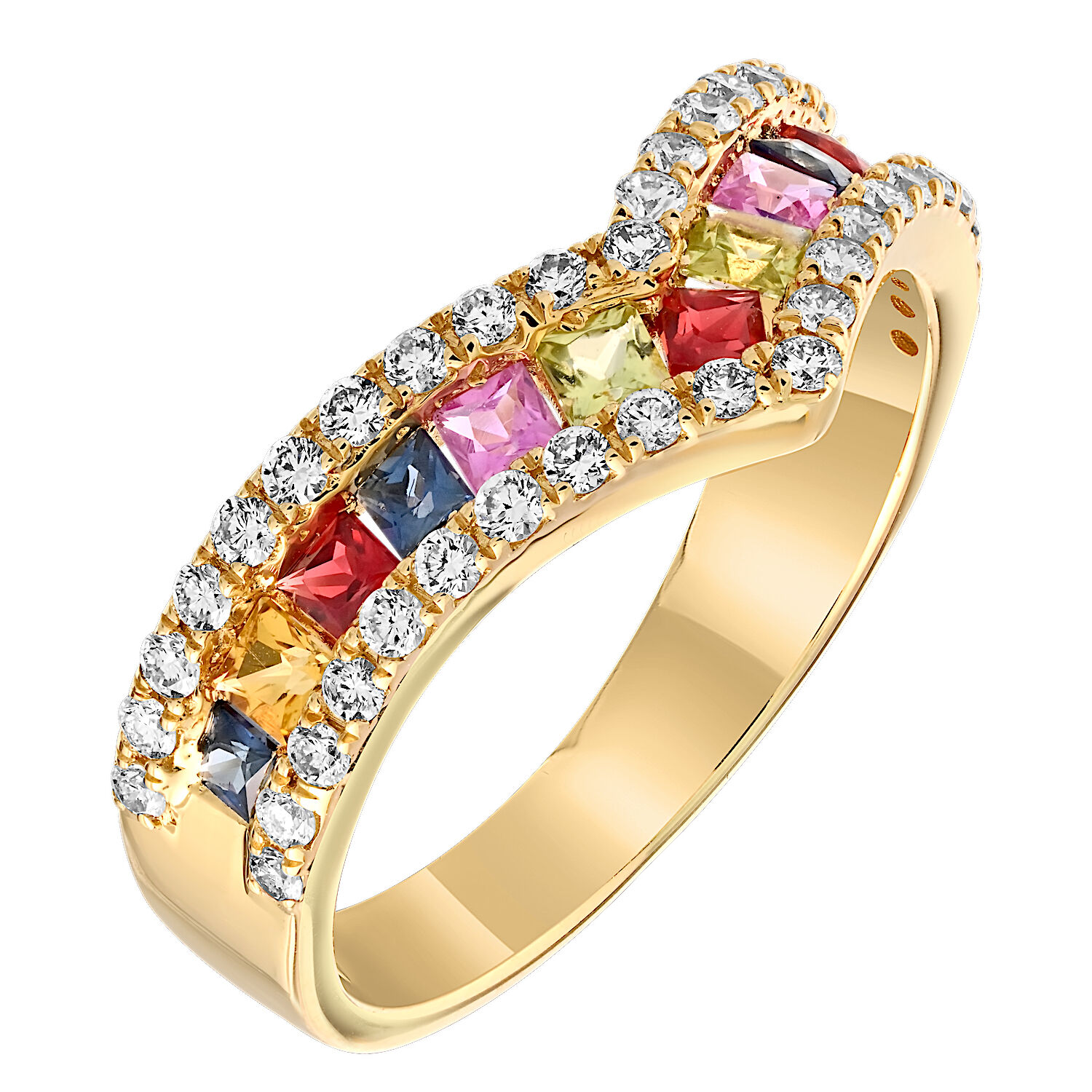 Majestic Gems™ 14k Yellow Gold Square Multi Colored Sapphires 'V' Channel Set Diamond Rails & Diamond 0.39 Ctw