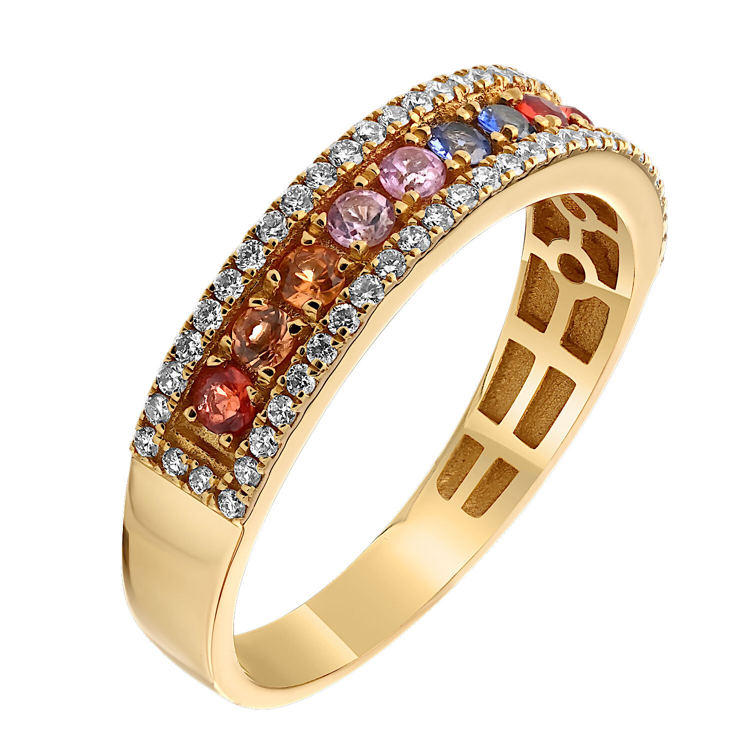 Majestic Gems™ 14k Yellow Gold Round Multi Colored Sapphires Channel Set Diamond Rails & Diamond 0.24 Ctw