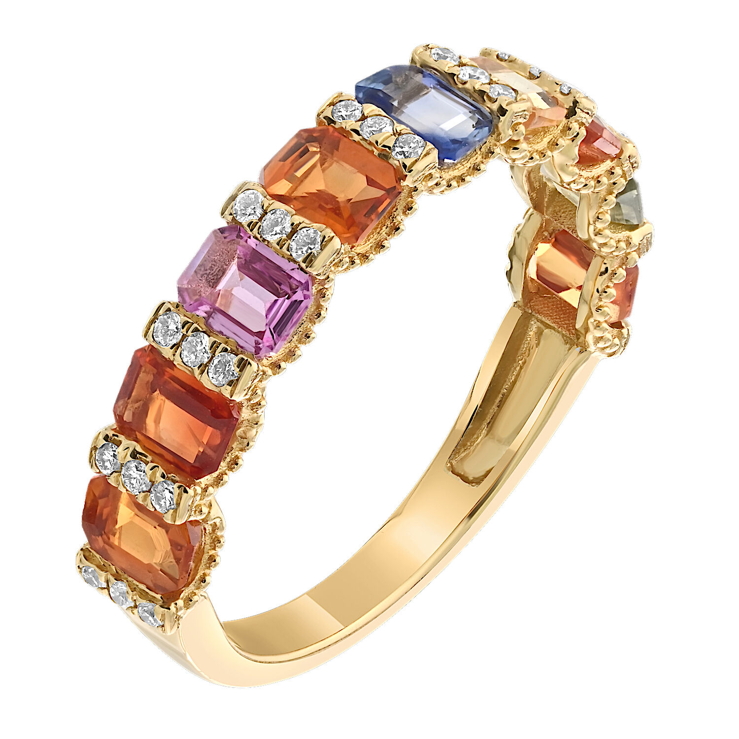 Majestic Gems™ 14k Yellow Gold Emerald Cut Multi Colored Sapphires Diamond Bars Between & Diamond 0.14 Ctw