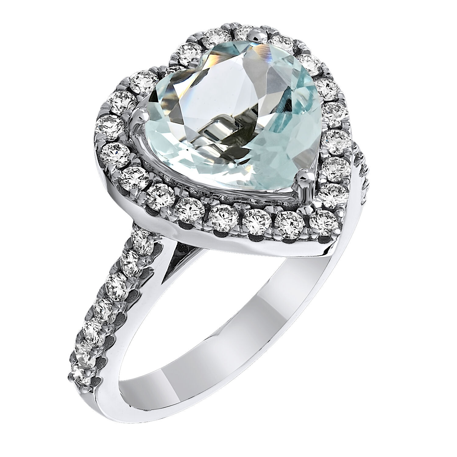 AquaBella™ 14K White Gold Heart Shape Aqua Diamond Halo Ring 0.76 Ctw Natural Aquamarine