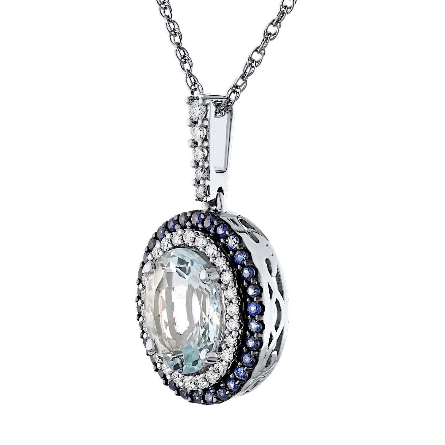 AquaBella™ 14K White Gold Oval Aqua Sapphire Halo Pendant 0.21 Ctw Natural Aquamarine