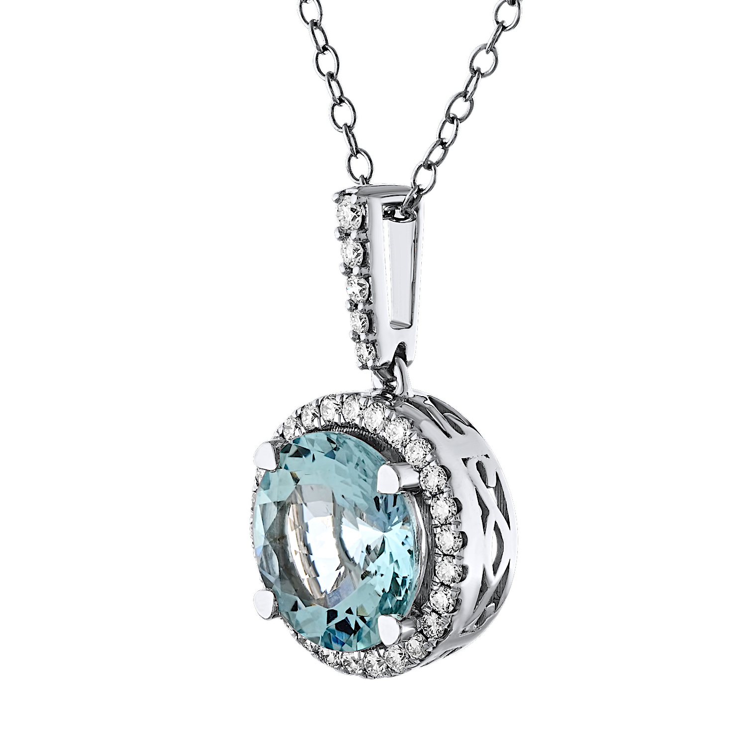 AquaBella™ 14K White Gold Round Aqua Diamond Halo Pendant 0.30 Ctw Natural Aquamarine