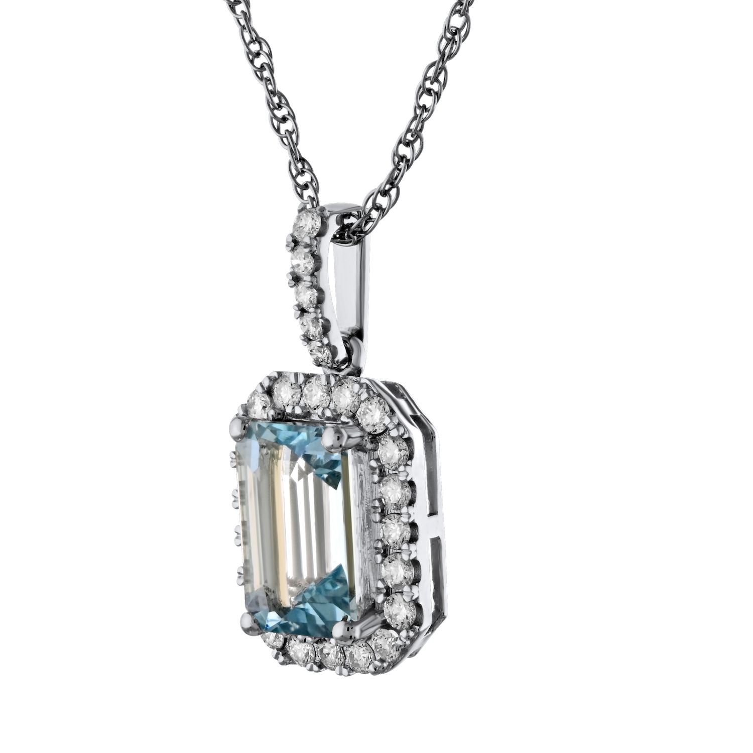 AquaBella™ 14K White Gold Emerald Shape Aqua Diamond Halo Pendant 0.38 Ctw Natural Aquamarine
