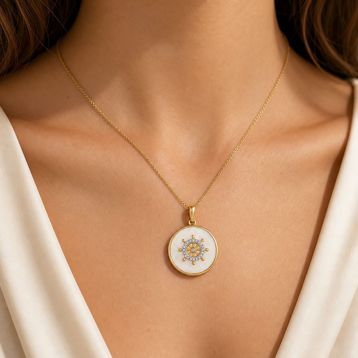 BluSea™ 14K Yellow Gold Pendant Mother of Pearl Inlaid with Ships Wheel Diamond 0.10 Ctw