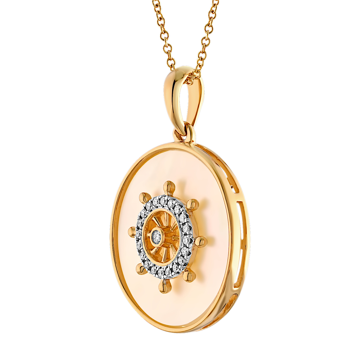 BluSea™ 14K Yellow Gold Pendant Mother of Pearl Inlaid with Ships Wheel Diamond 0.10 Ctw