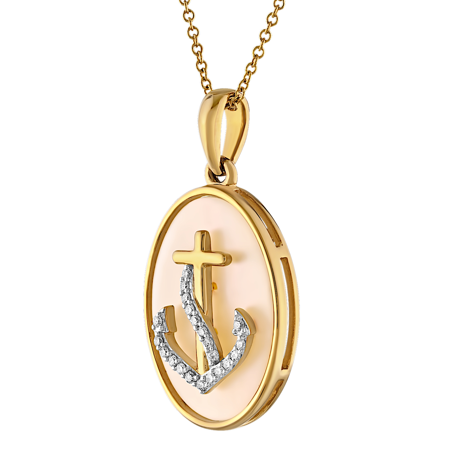 BluSea™ 14K Yellow Gold Pendant Mother of Pearl Inlaid with Anchor Diamond 0.09 Ctw