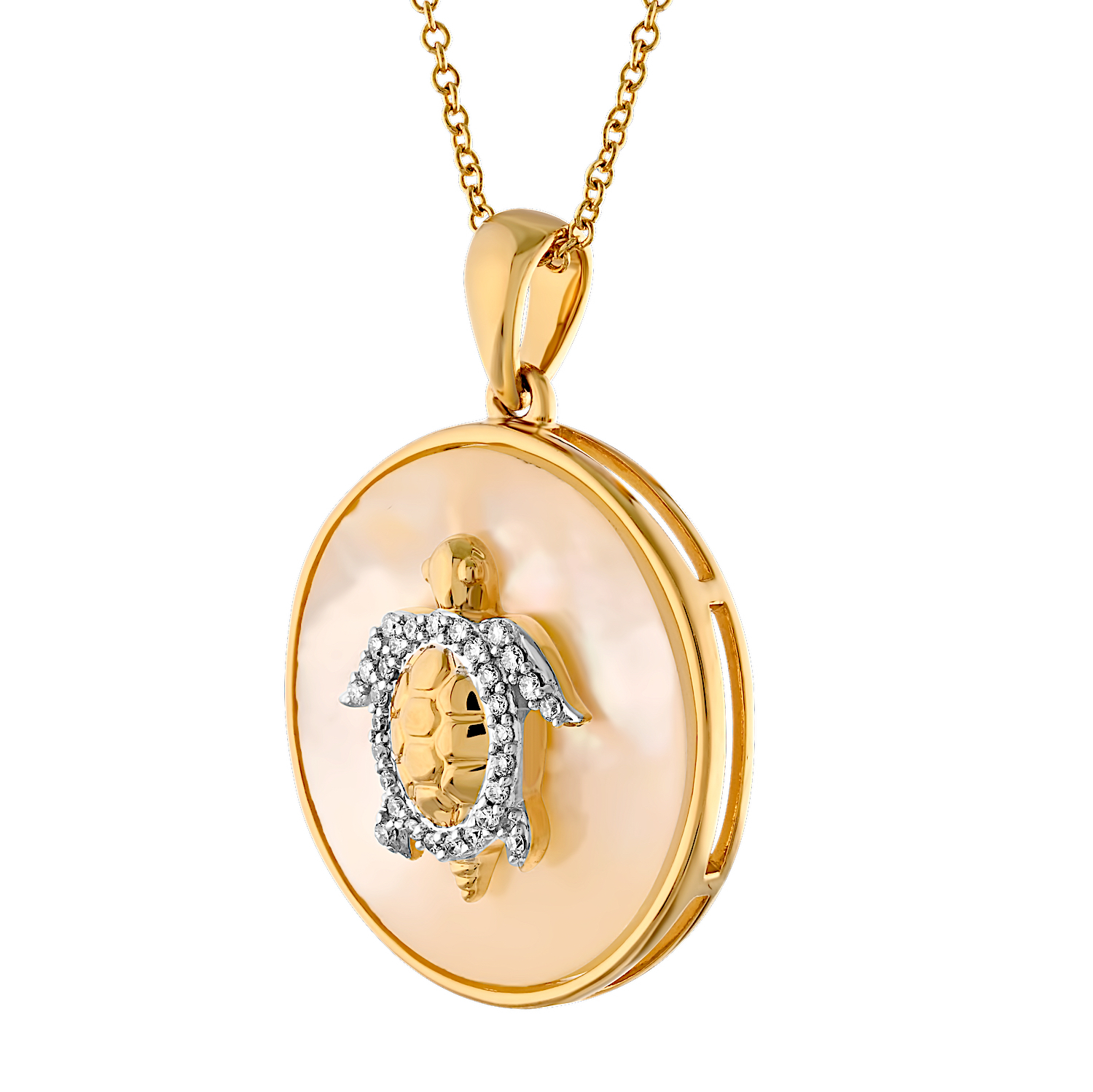 Oceanity™ 14K Yellow Gold Pendant Mother of Pearl Inlaid with Turtle Diamond 0.10 Ctw