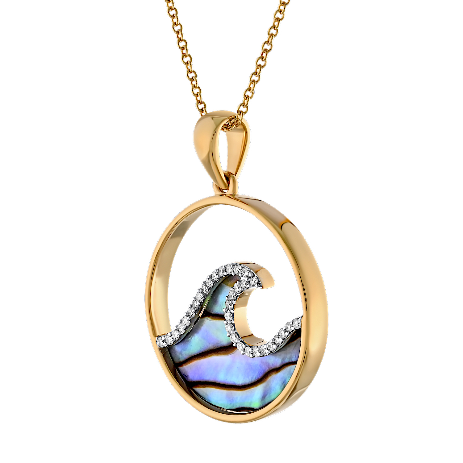 Oceanity™ 14K Yellow Gold Pendant Round Cutout with Abelone Wave Edged with Diamonds Diamond 0.10 Ctw