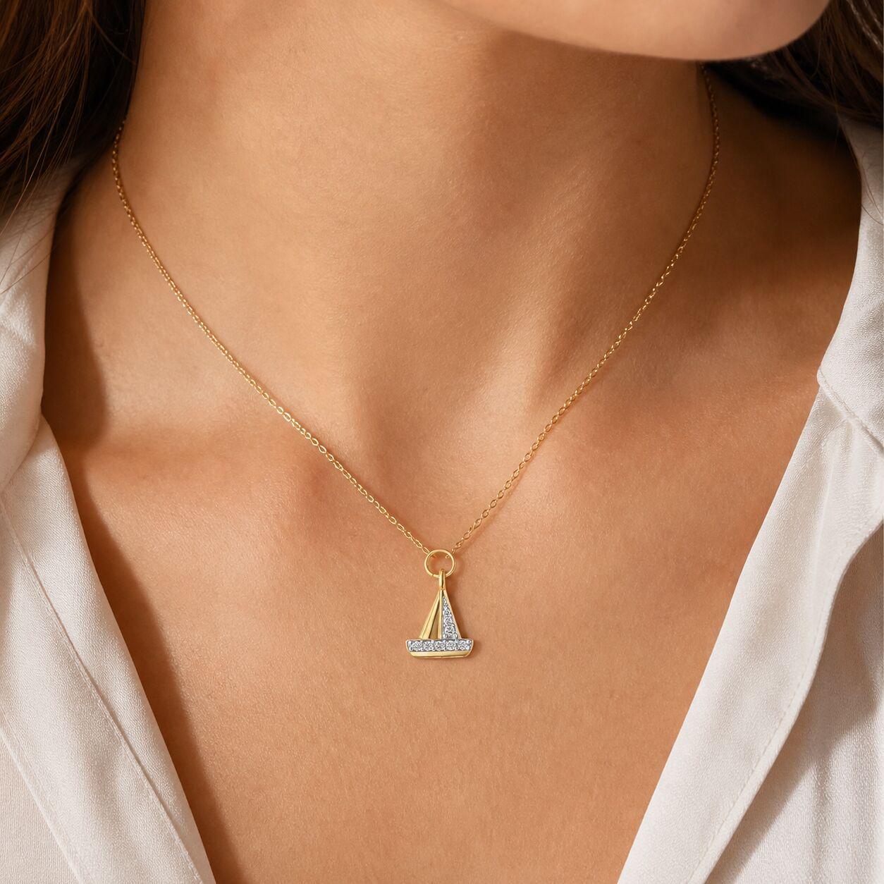 BluSea™ 14K Yellow Gold Pendant Small Sail Boat Diamond 0.06 Ctw