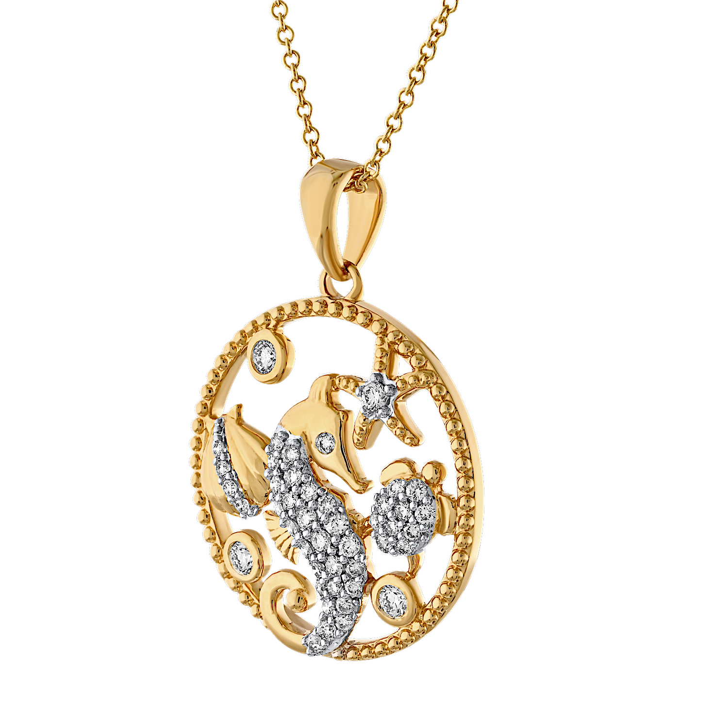 Oceanity™ 14K Yellow Gold Pendant Round Frame with Twisted Wire Filigree Center Pave Seahorse Diamond 0.32 Ctw